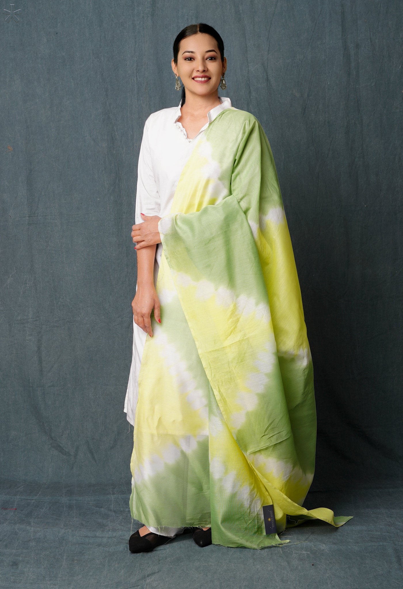 Yellow-Green Pure Tie- Dye Shibori Printed Superfine Mulmul Cotton Dupatta-UDS5549