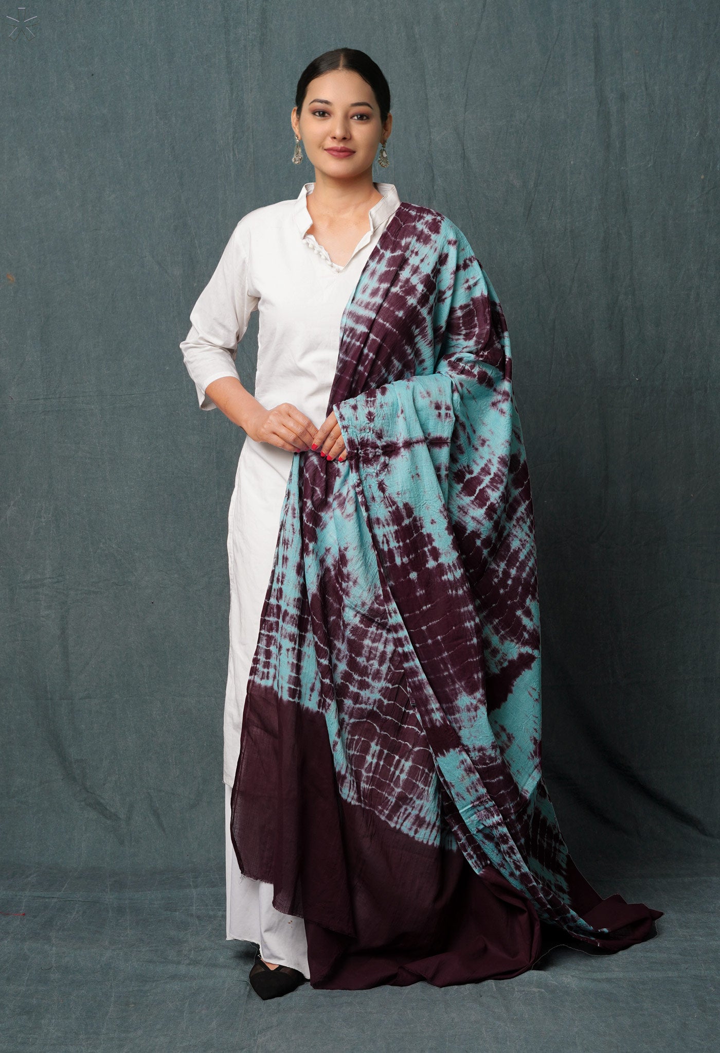 Pale Blue-Dark Purple Pure Tie- Dye Shibori Printed Mulmul Cotton Dupatta-UDS5550