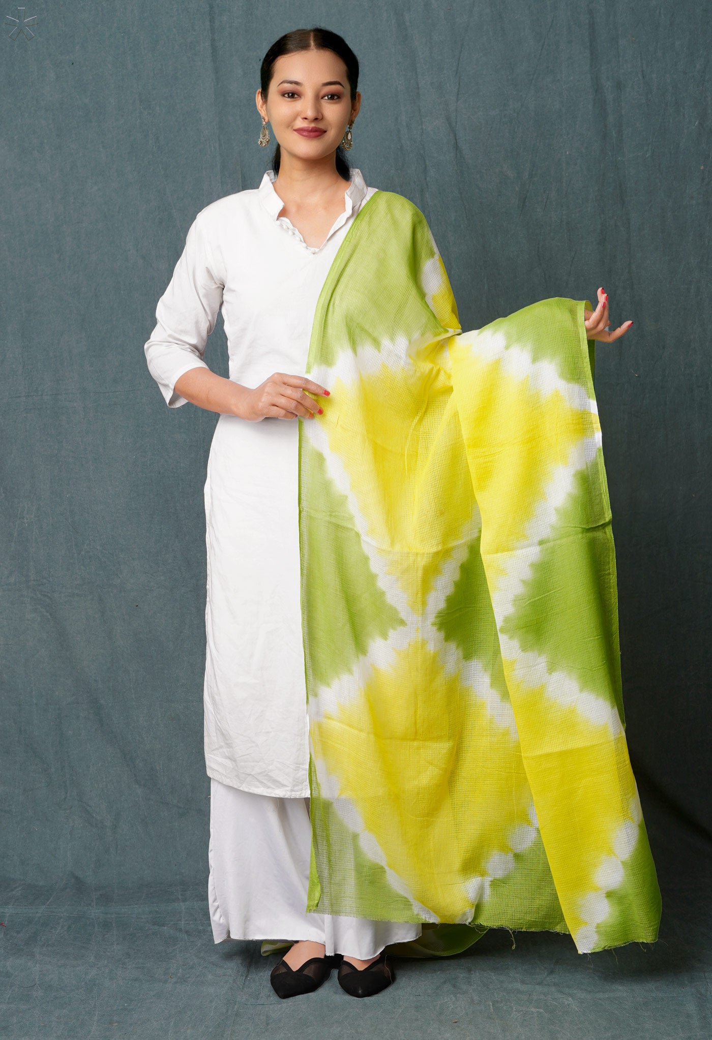 Yellow-Green Pure Tie- Dye Shibori Printed Kota Cotton Dupatta-UDS5552