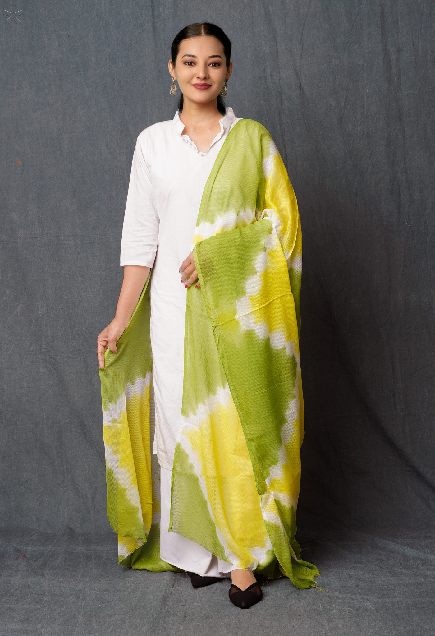 Yellow-Green Pure Tie- Dye Shibori Printed Kota Cotton Dupatta-UDS5552