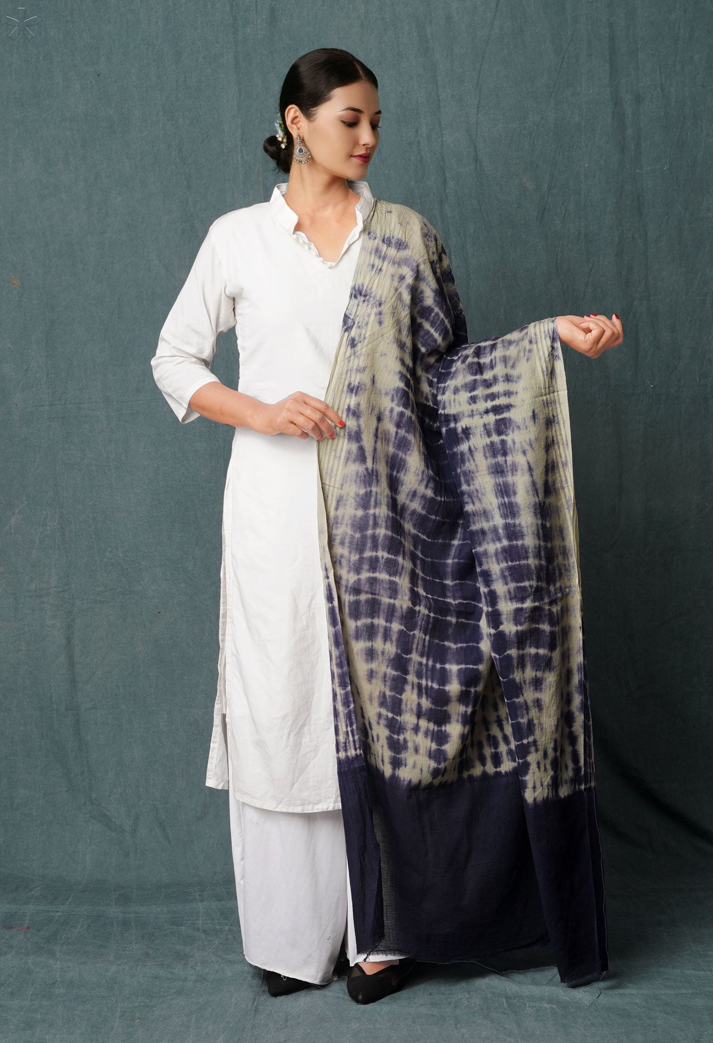 Navy Blue-Grey Pure Tie- Dye Shibori Printed Kota Cotton Dupatta-UDS5554