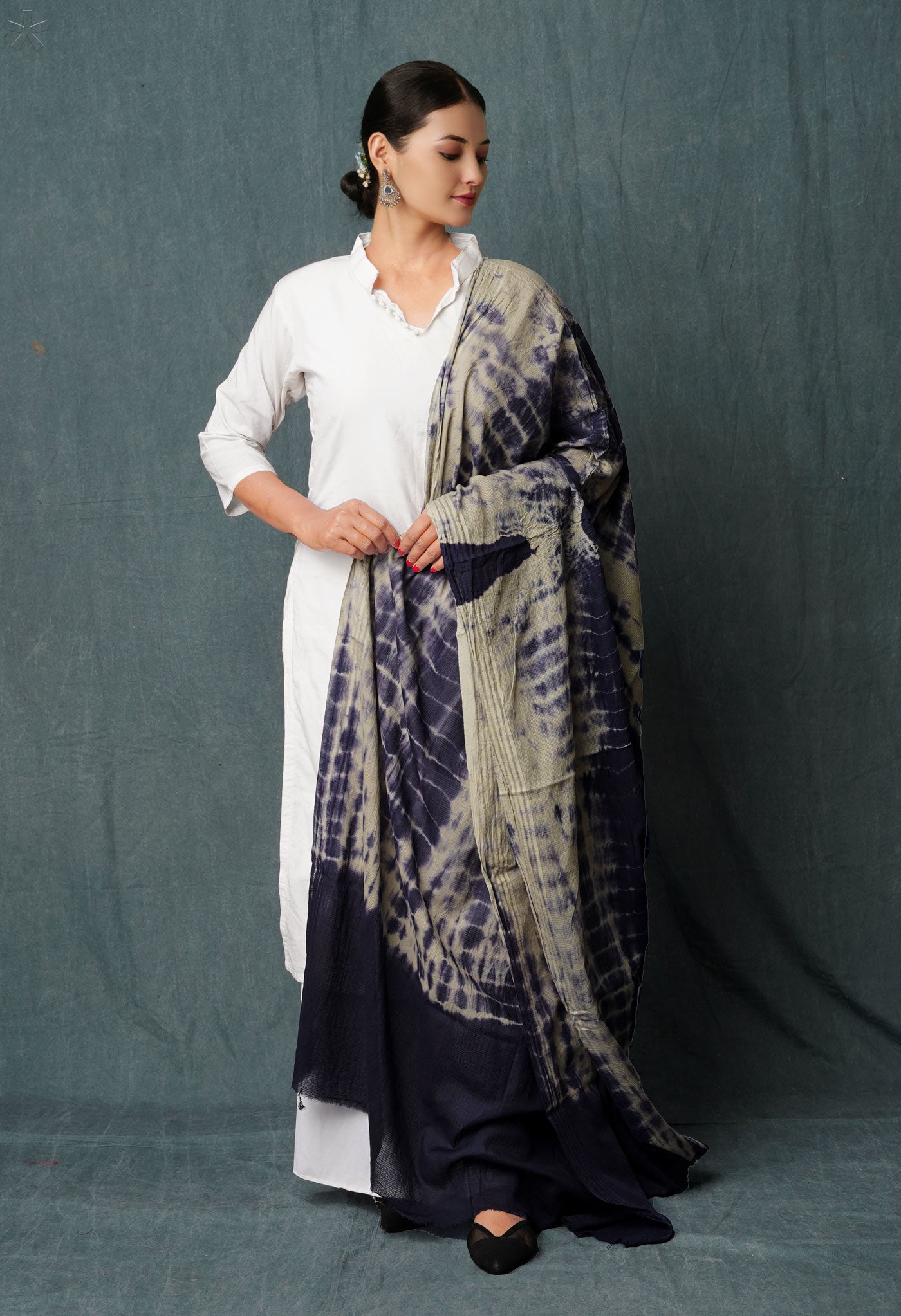 Navy Blue-Grey Pure Tie- Dye Shibori Printed Kota Cotton Dupatta-UDS5554