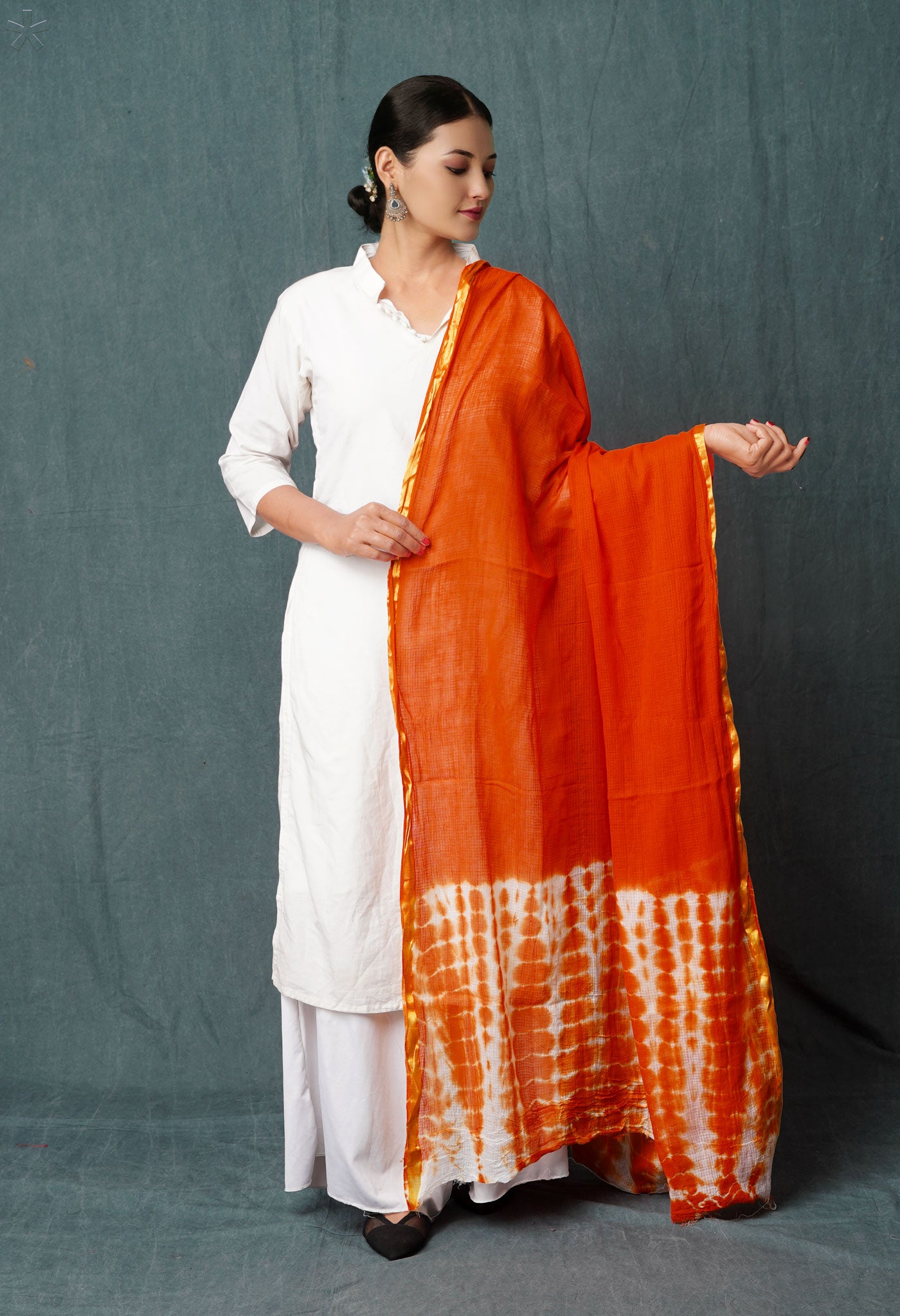 Orange-White Pure Tie- Dye Shibori Printed Kota Cotton Dupatta-UDS5555