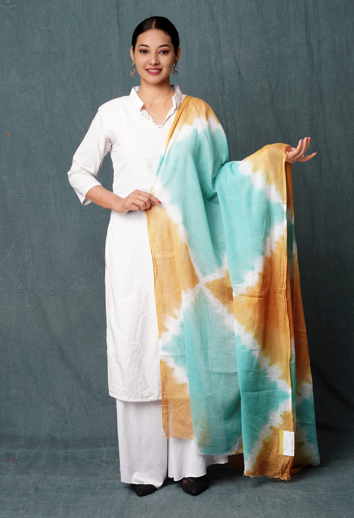 Pale Blue-Sandy Brown Pure Tie- Dye Shibori Printed Kota Cotton Dupatta-UDS5560