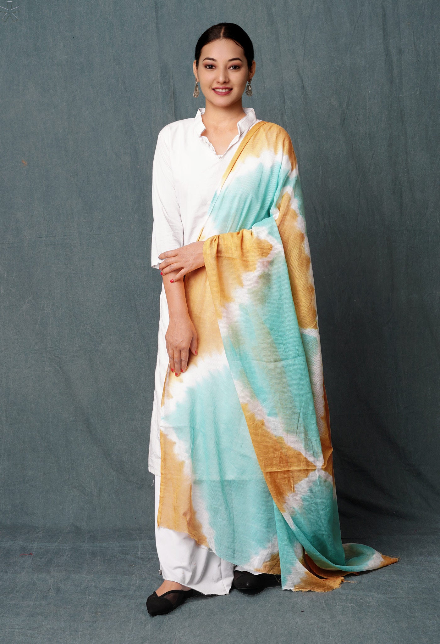 Pale Blue-Sandy Brown Pure Tie- Dye Shibori Printed Kota Cotton Dupatta-UDS5560