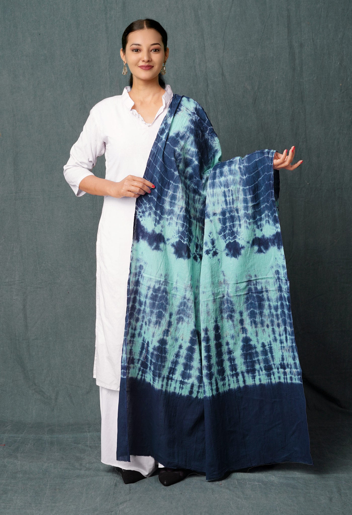 Light Green-Navy Blue Pure Tie- Dye Shibori Printed Mulmul Cotton Dupatta-UDS5565
