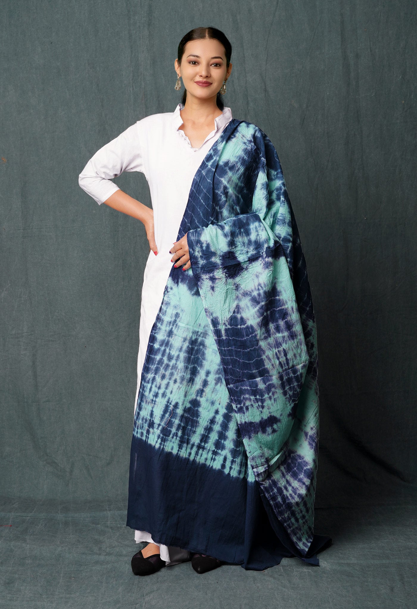 Light Green-Navy Blue Pure Tie- Dye Shibori Printed Mulmul Cotton Dupatta-UDS5565