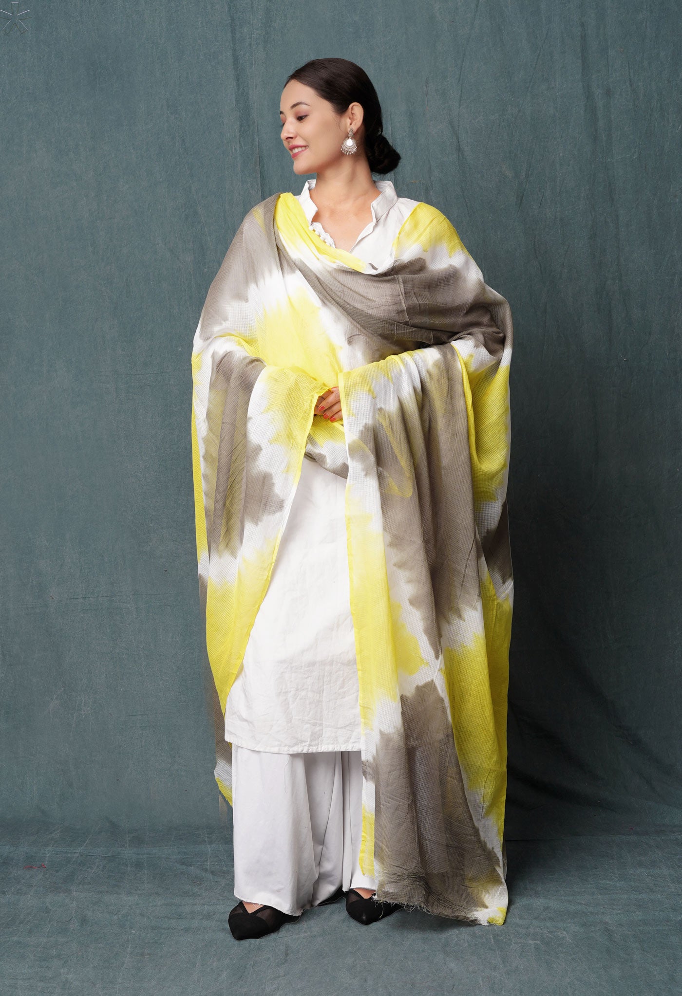 Yellow-Grey Pure Tie- Dye Shibori Printed Kota Cotton Dupatta-UDS5566