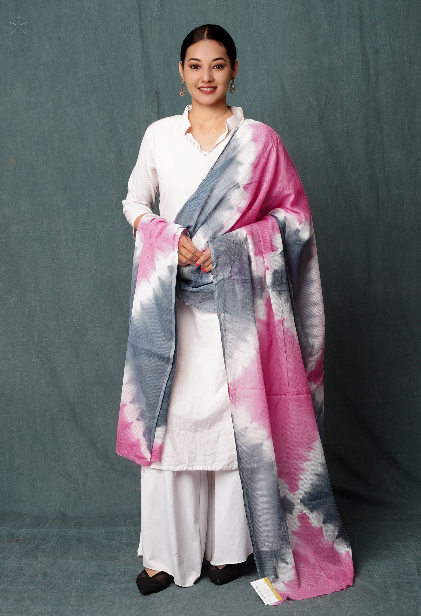 Baby Pink-Bluish Grey Pure Tie- Dye Shibori Printed Kota Cotton Dupatta-UDS5569