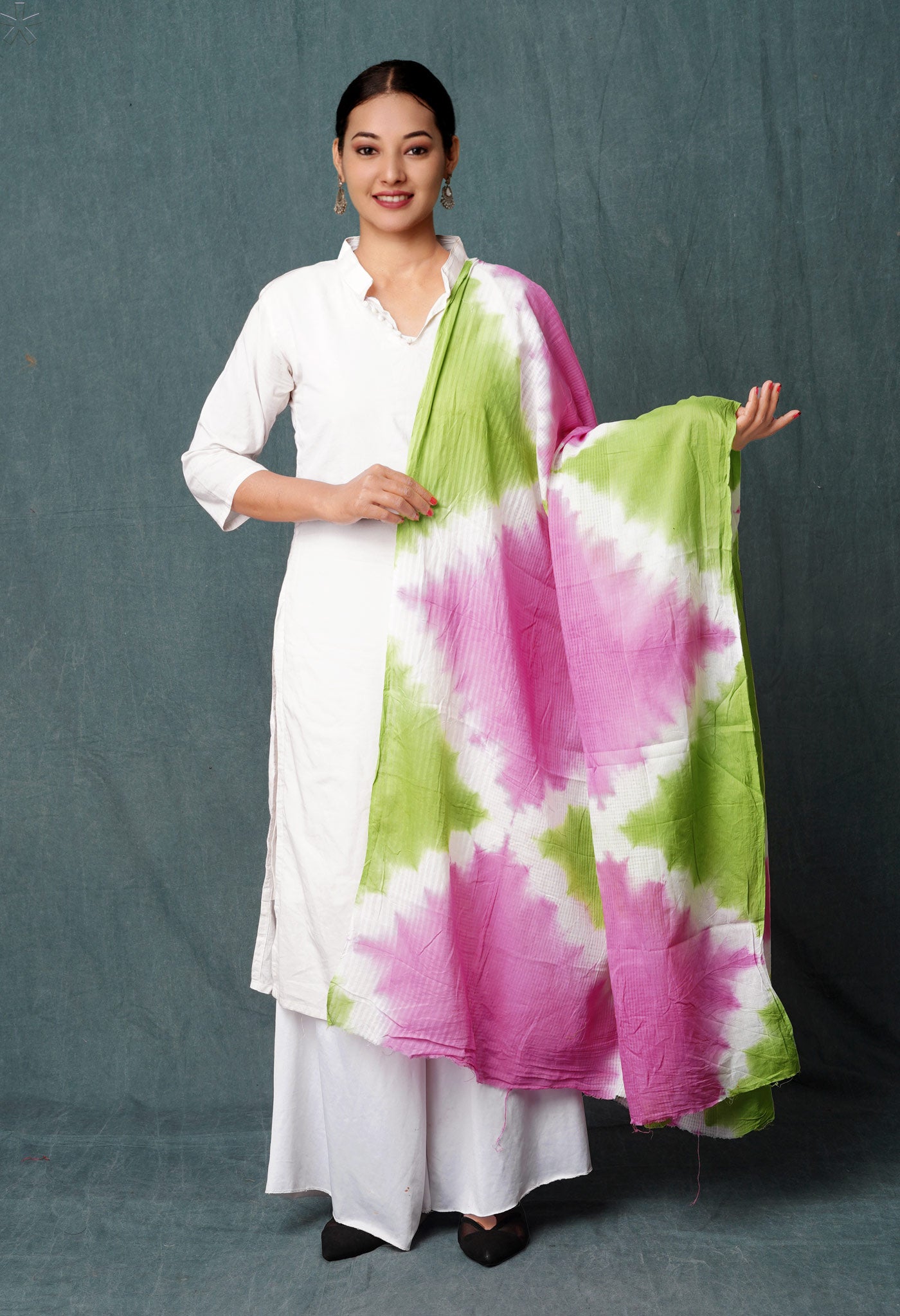 Baby Pink-Green Pure Tie- Dye Shibori Printed Kota Cotton Dupatta-UDS5572