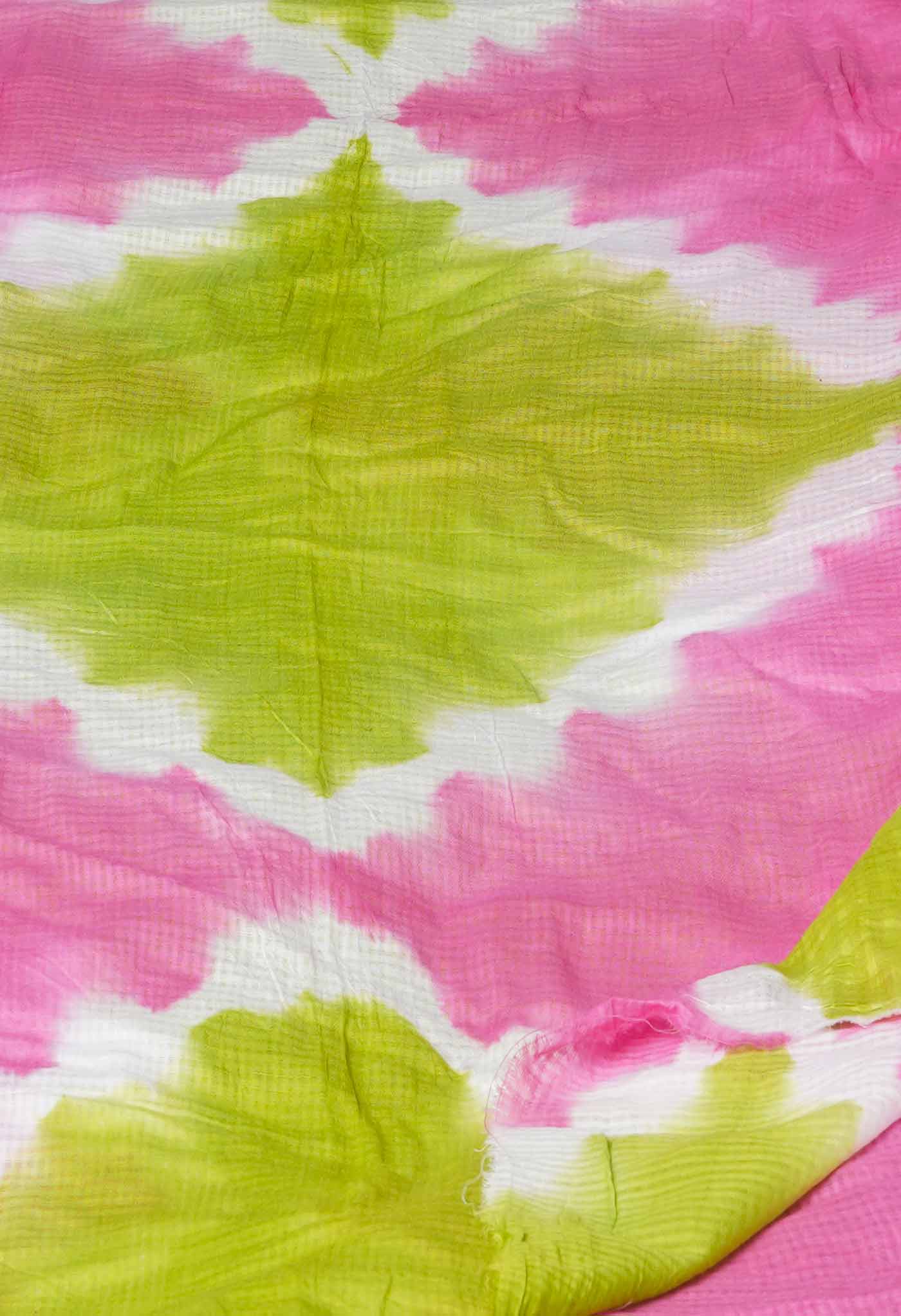 Baby Pink-Green Pure Tie- Dye Shibori Printed Kota Cotton Dupatta-UDS5572