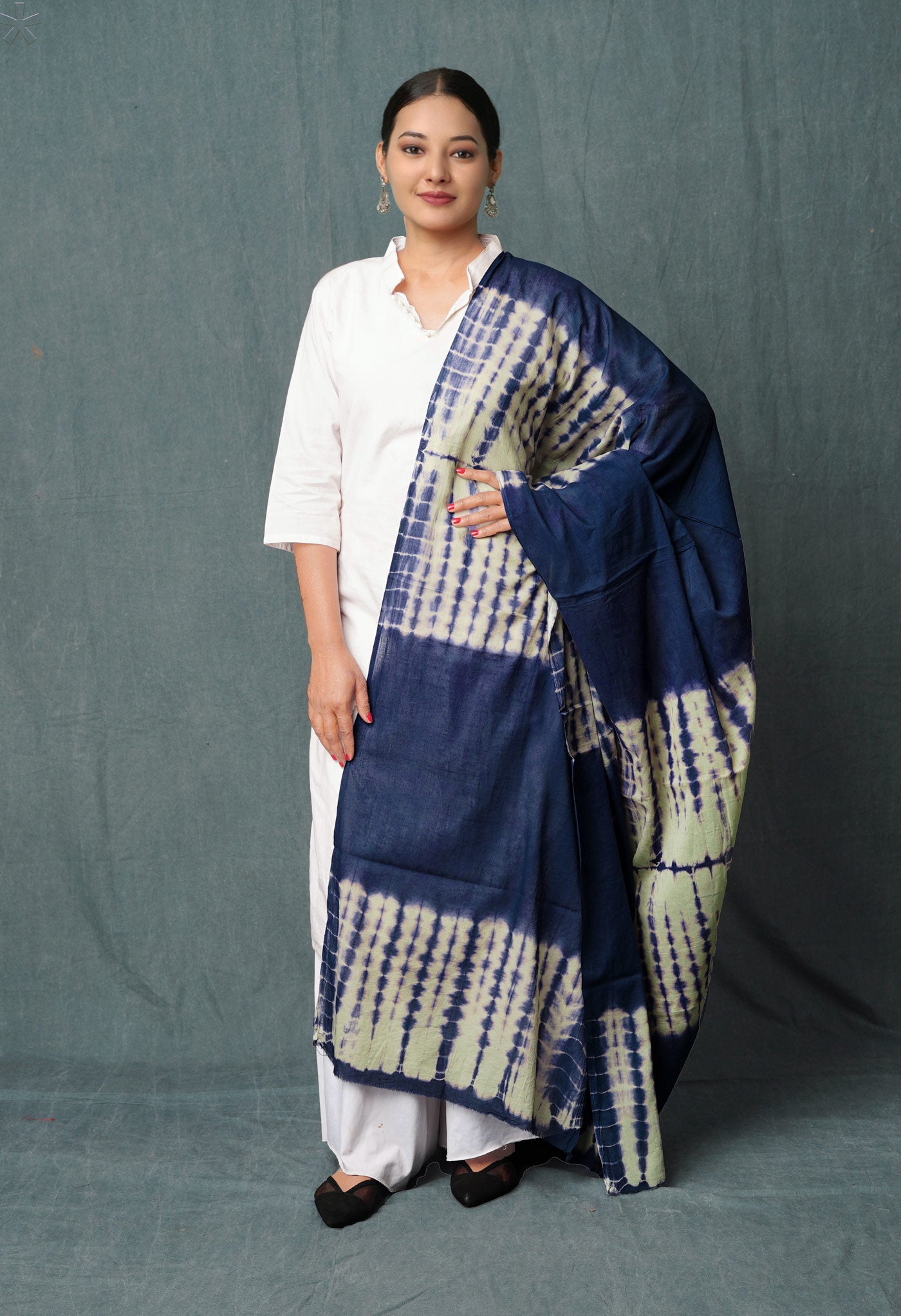 Navy Blue-Grey Pure Tie- Dye Shibori Printed Mulmul Cotton Dupatta-UDS5574