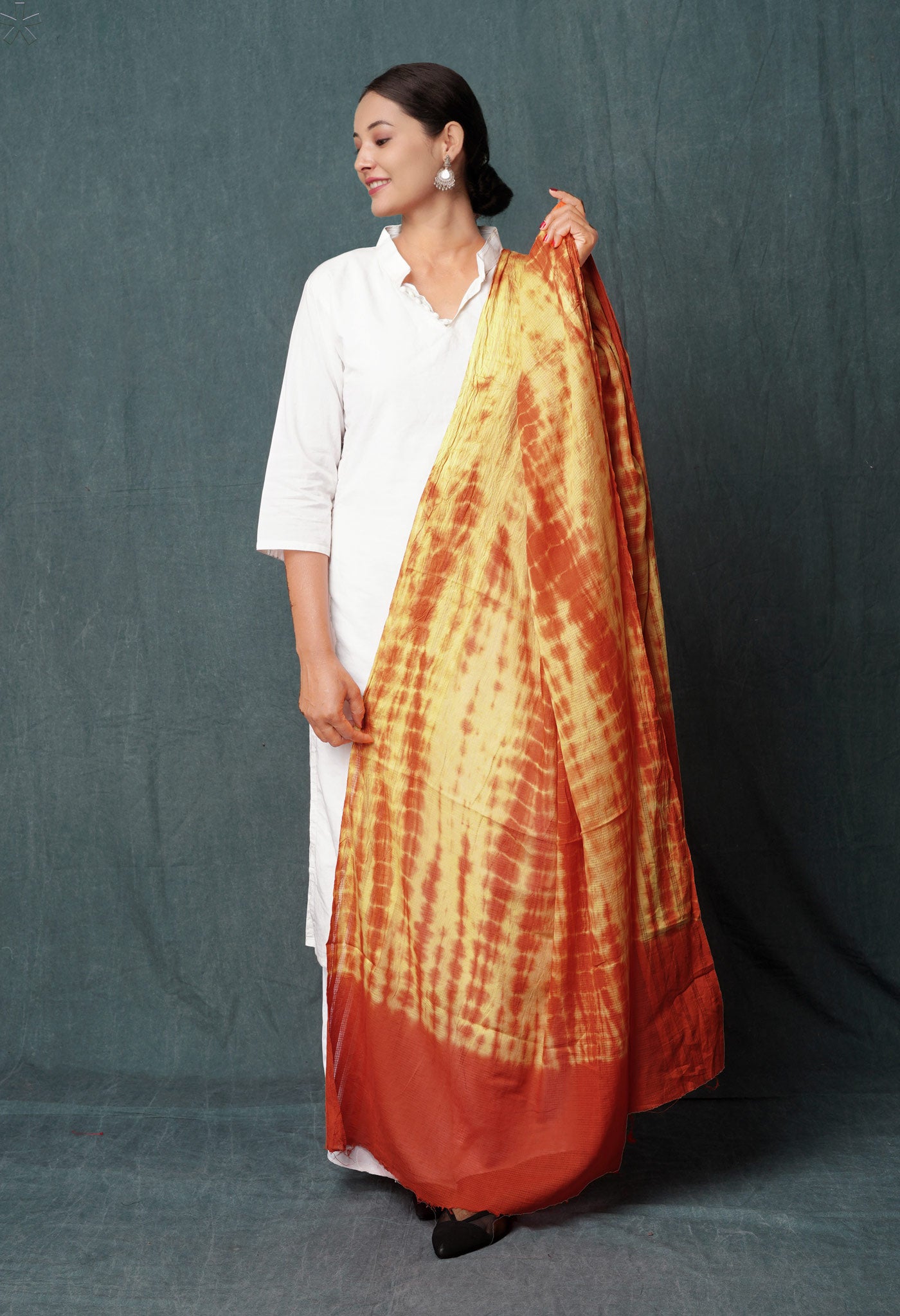 Peach Orange-Orange Pure Tie- Dye Shibori Printed Kota Cotton Dupatta-UDS5575