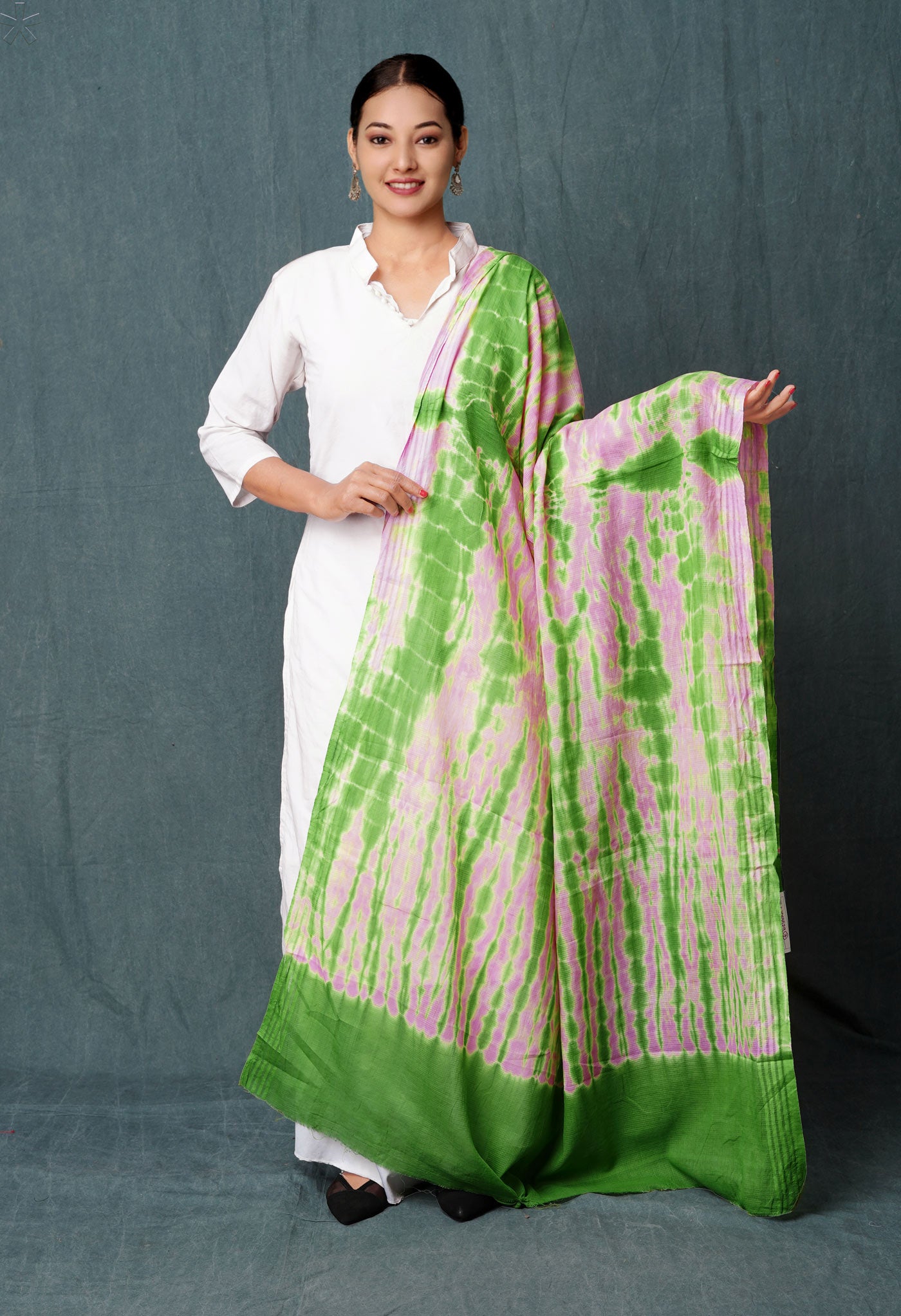 Baby Pink-Olive Green Pure Tie- Dye Shibori Printed Kota Cotton Dupatta-UDS5579