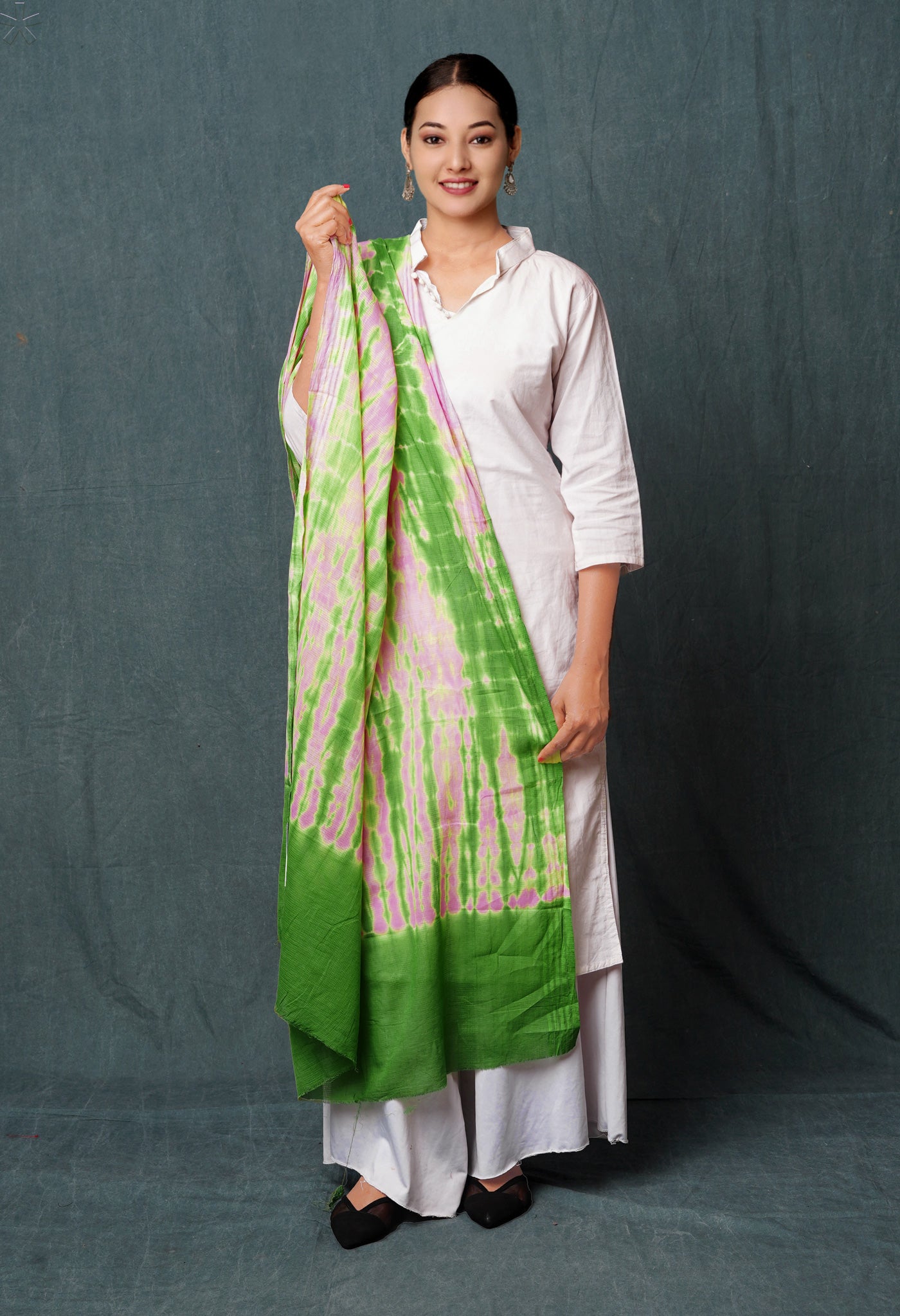 Baby Pink-Olive Green Pure Tie- Dye Shibori Printed Kota Cotton Dupatta-UDS5579