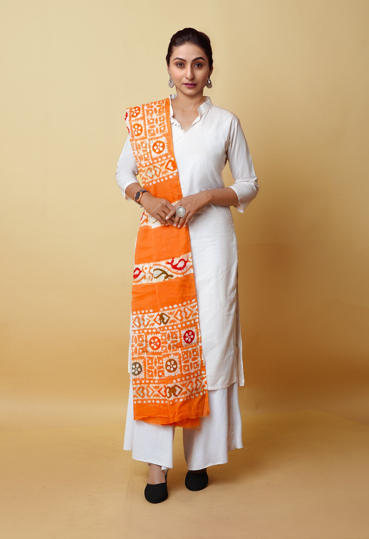 Orange Pure Wax Batik Printed Superfine Mulmul Cotton Dupatta