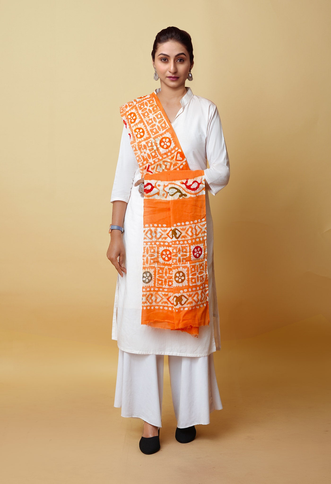 Orange Pure Wax Batik Printed Superfine Mulmul Cotton Dupatta