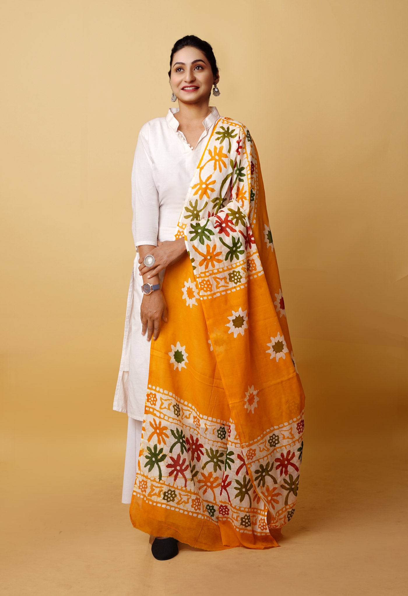 Yellow Pure Wax Batik Printed Superfine Mulmul Cotton Dupatta