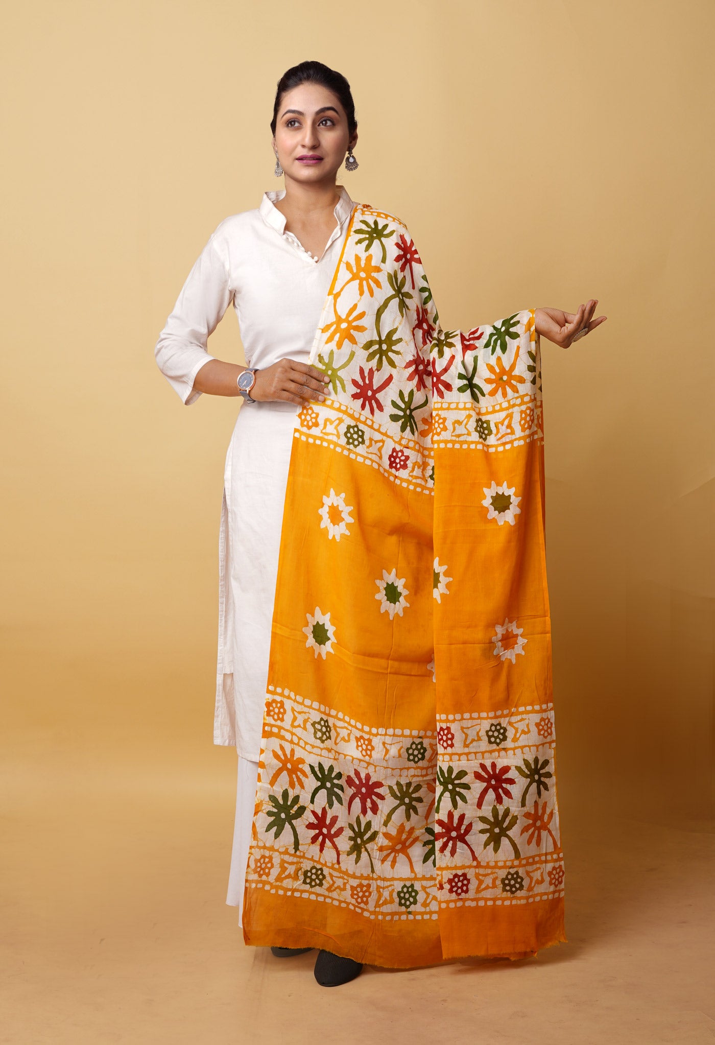 Yellow Pure Wax Batik Printed Superfine Mulmul Cotton Dupatta