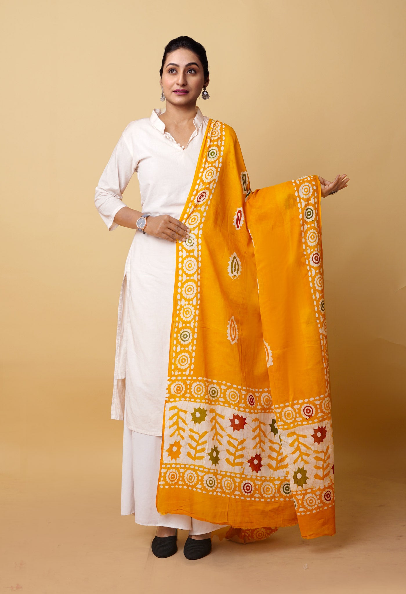 Yellow Pure Wax Batik Printed Superfine Mulmul Cotton Dupatta