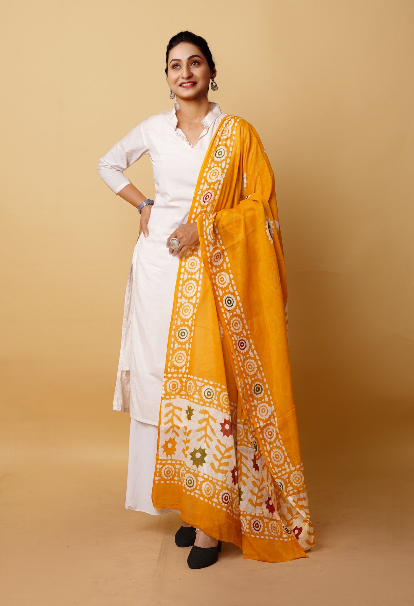 Yellow Pure Wax Batik Printed Superfine Mulmul Cotton Dupatta