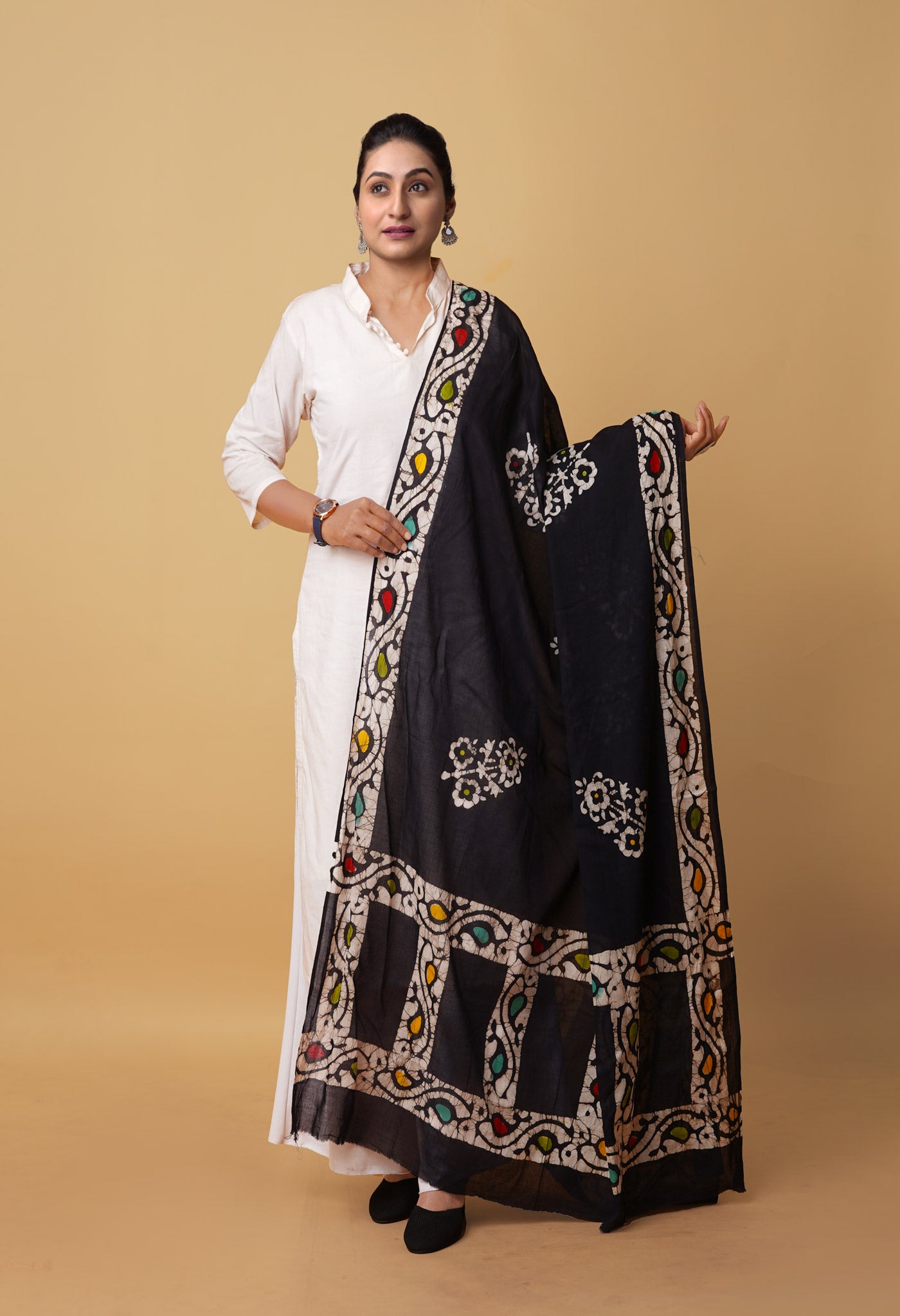 Black Pure Wax Batik Printed Superfine Mulmul Cotton Dupatta