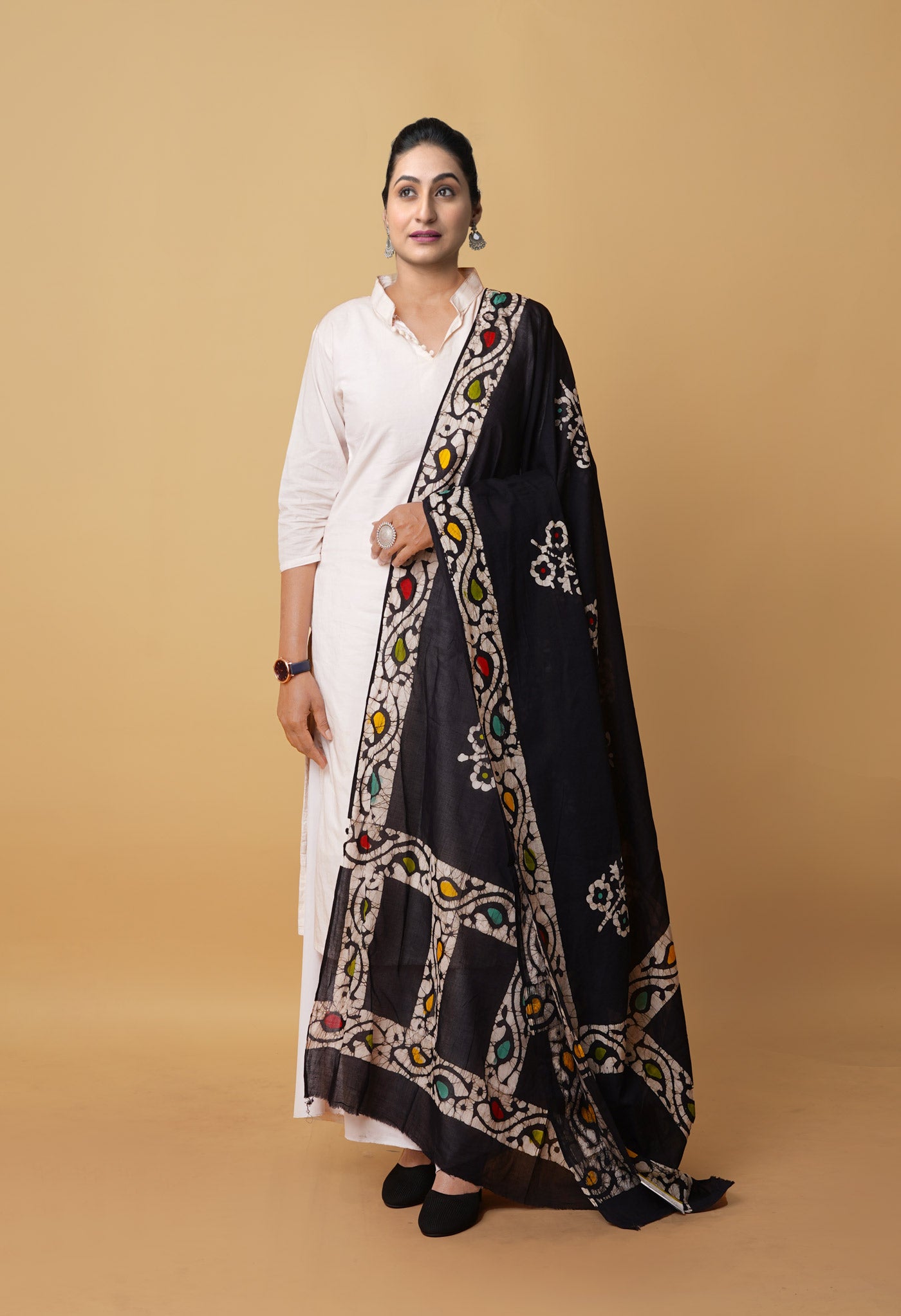 Black Pure Wax Batik Printed Superfine Mulmul Cotton Dupatta