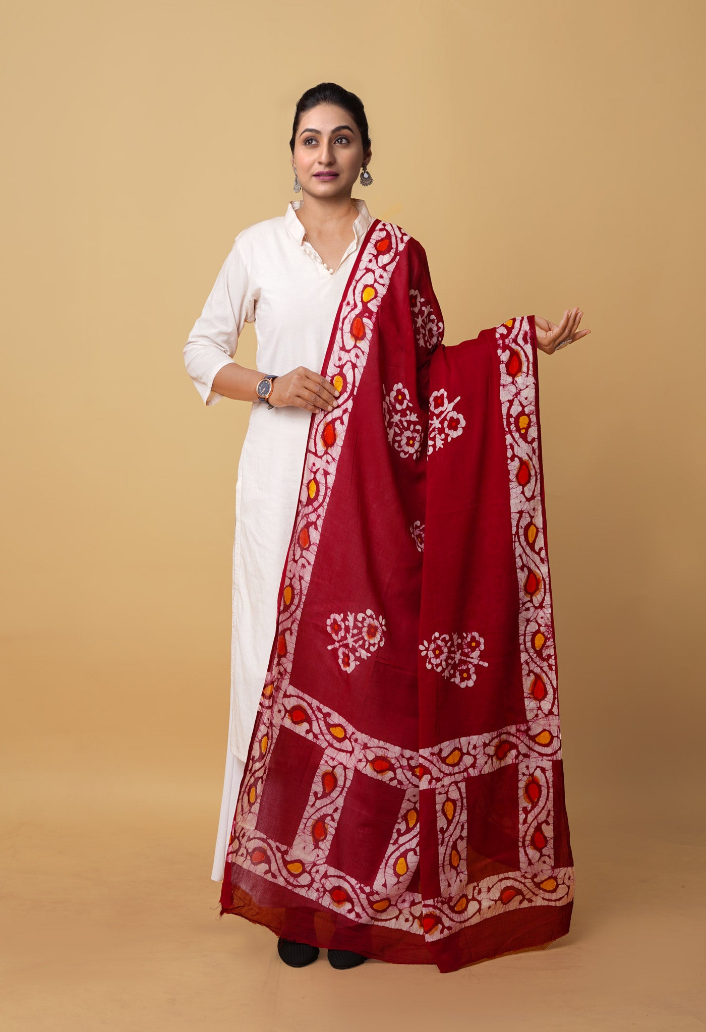 Maroon Pure Wax Batik Printed Superfine Mulmul Cotton Dupatta