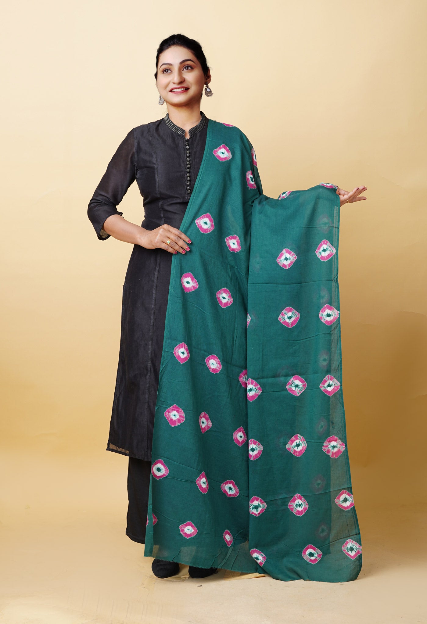 Green Pure Tie And Dye Shibori Bandhani Printed Soft Cotton Dupatta