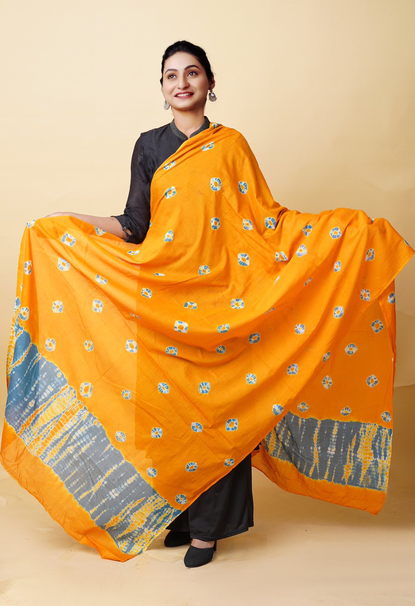 Yellow Pure Tie And Dye Shibori Bandhani Printed Soft Cotton Dupatta-UDS5843