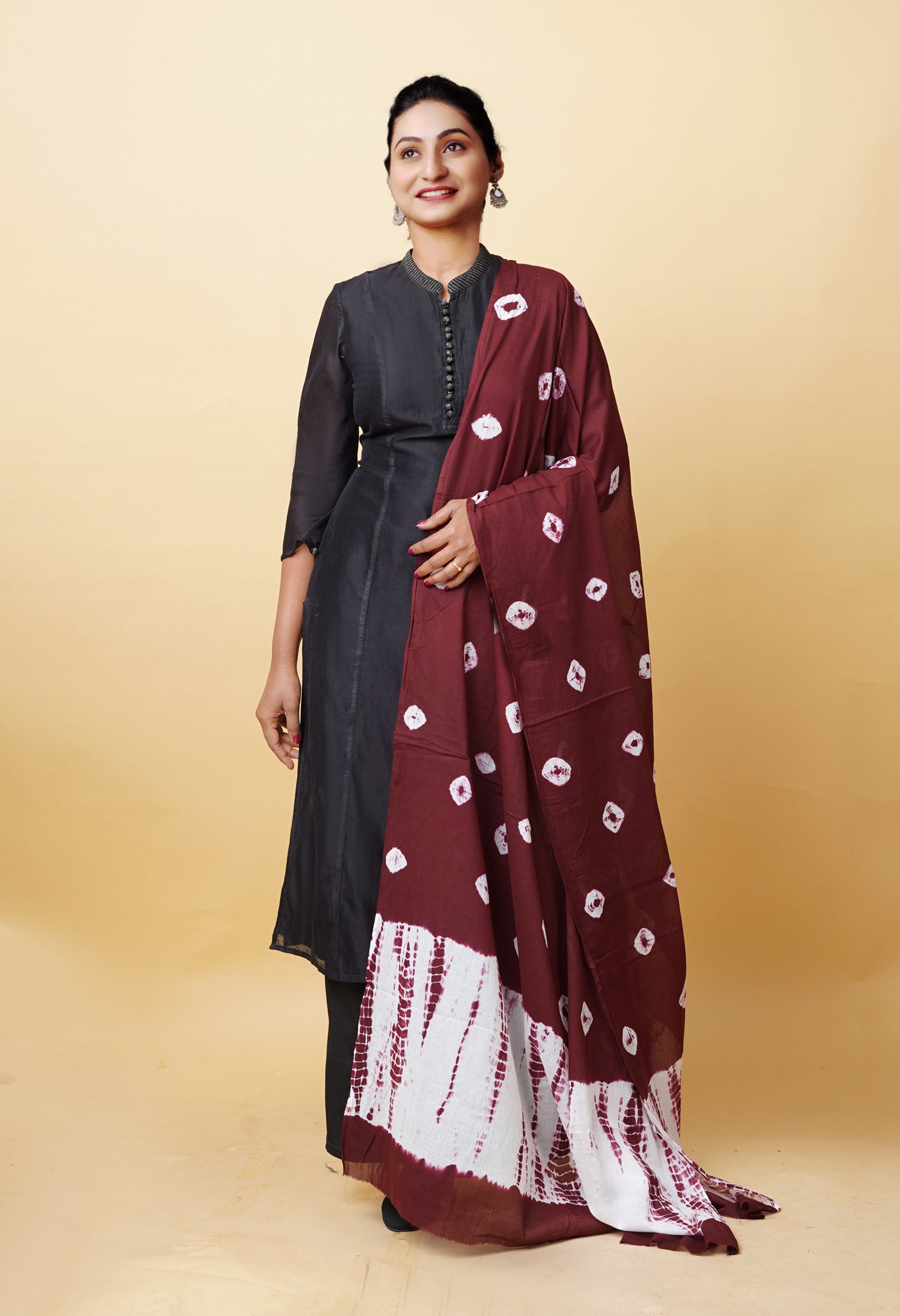 Chocolate Brown Pure Tie And Dye Shibori Bandhani Printed Soft Cotton Dupatta-UDS5844
