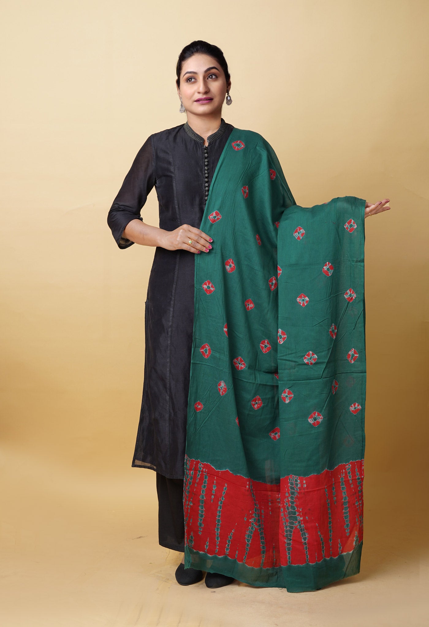Green Pure Tie And Dye Shibori Bandhani Printed Soft Cotton Dupatta-UDS5852
