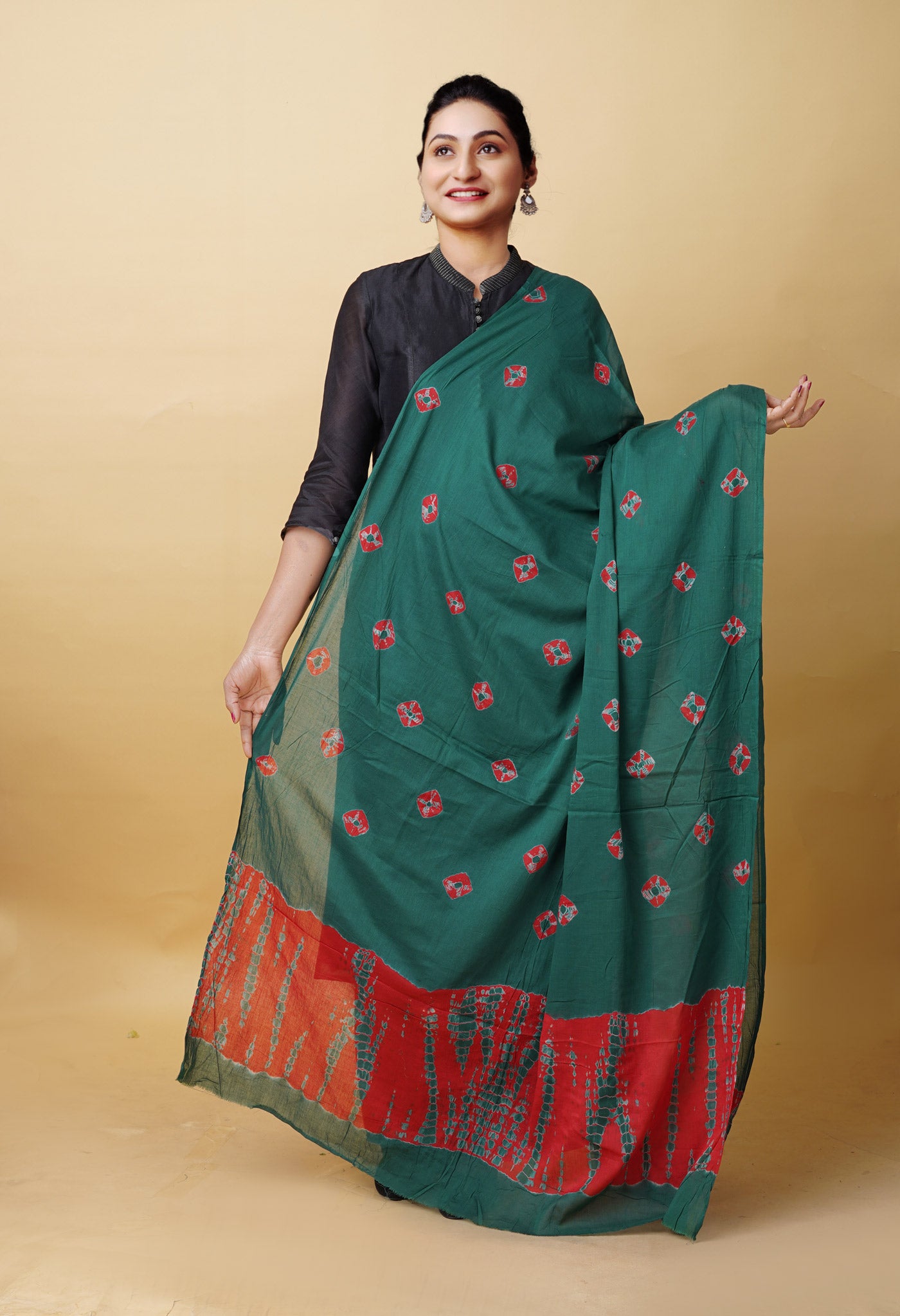 Green Pure Tie And Dye Shibori Bandhani Printed Soft Cotton Dupatta-UDS5852