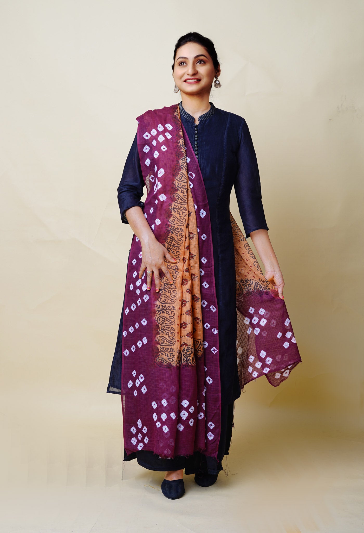Brown-Dark Purple Pure Bandhani Block Printed Kota Dupatta-UDS5864