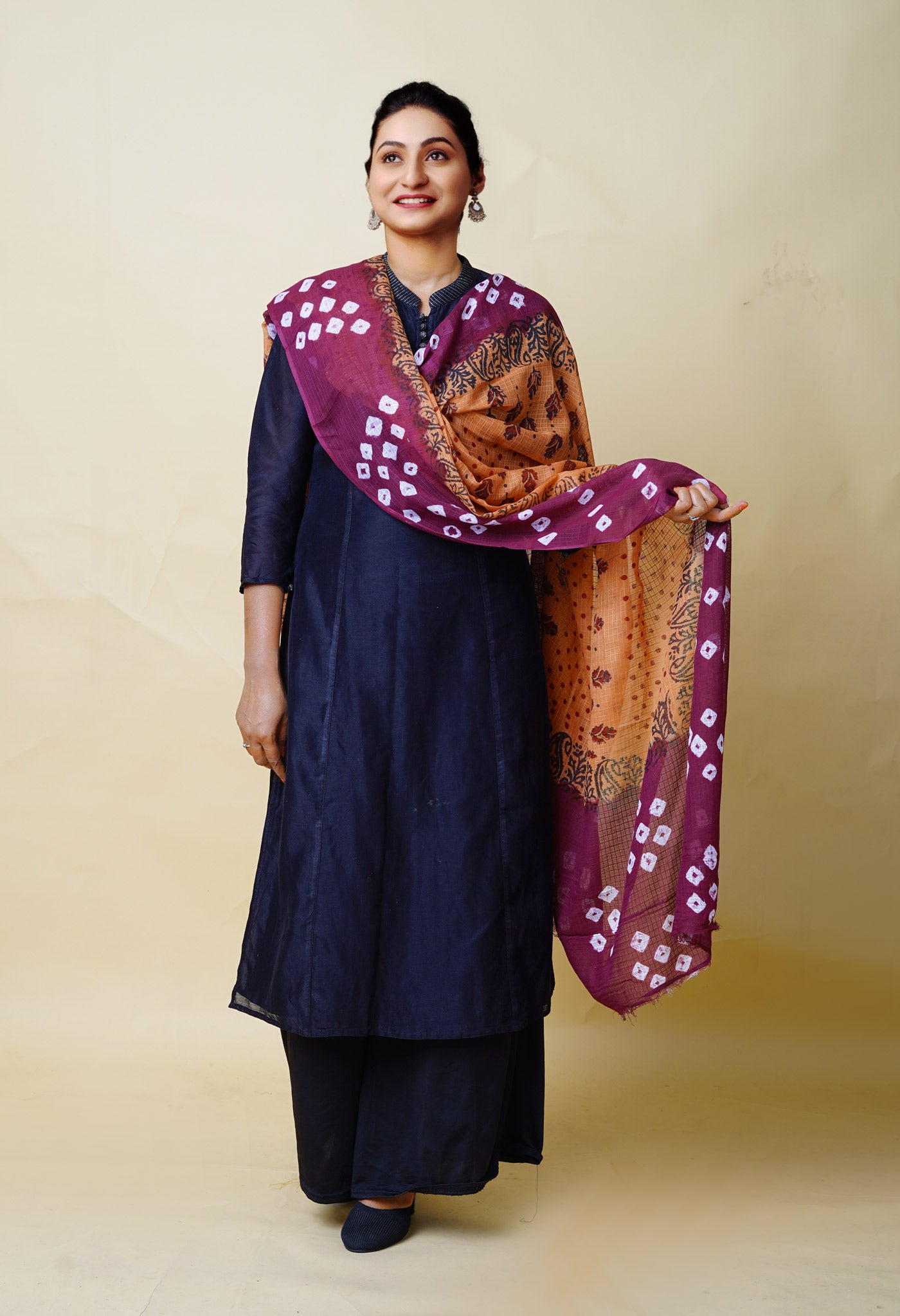 Brown-Dark Purple Pure Bandhani Block Printed Kota Dupatta-UDS5864
