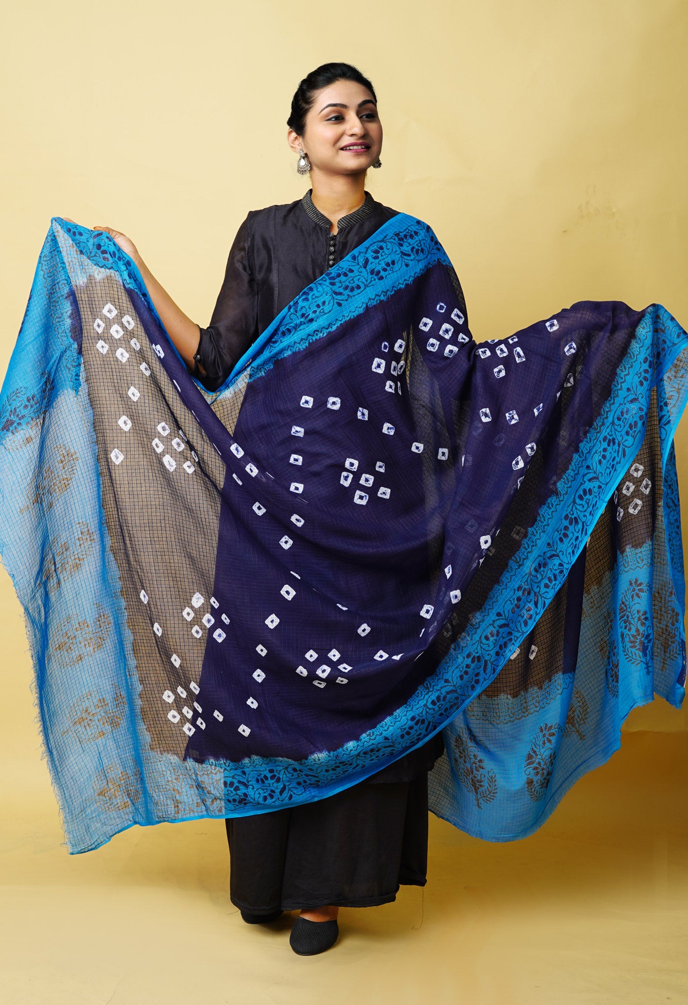 Casual Navy Blue-Blue Pure Bandhani Block Printed Kota Dupatta for