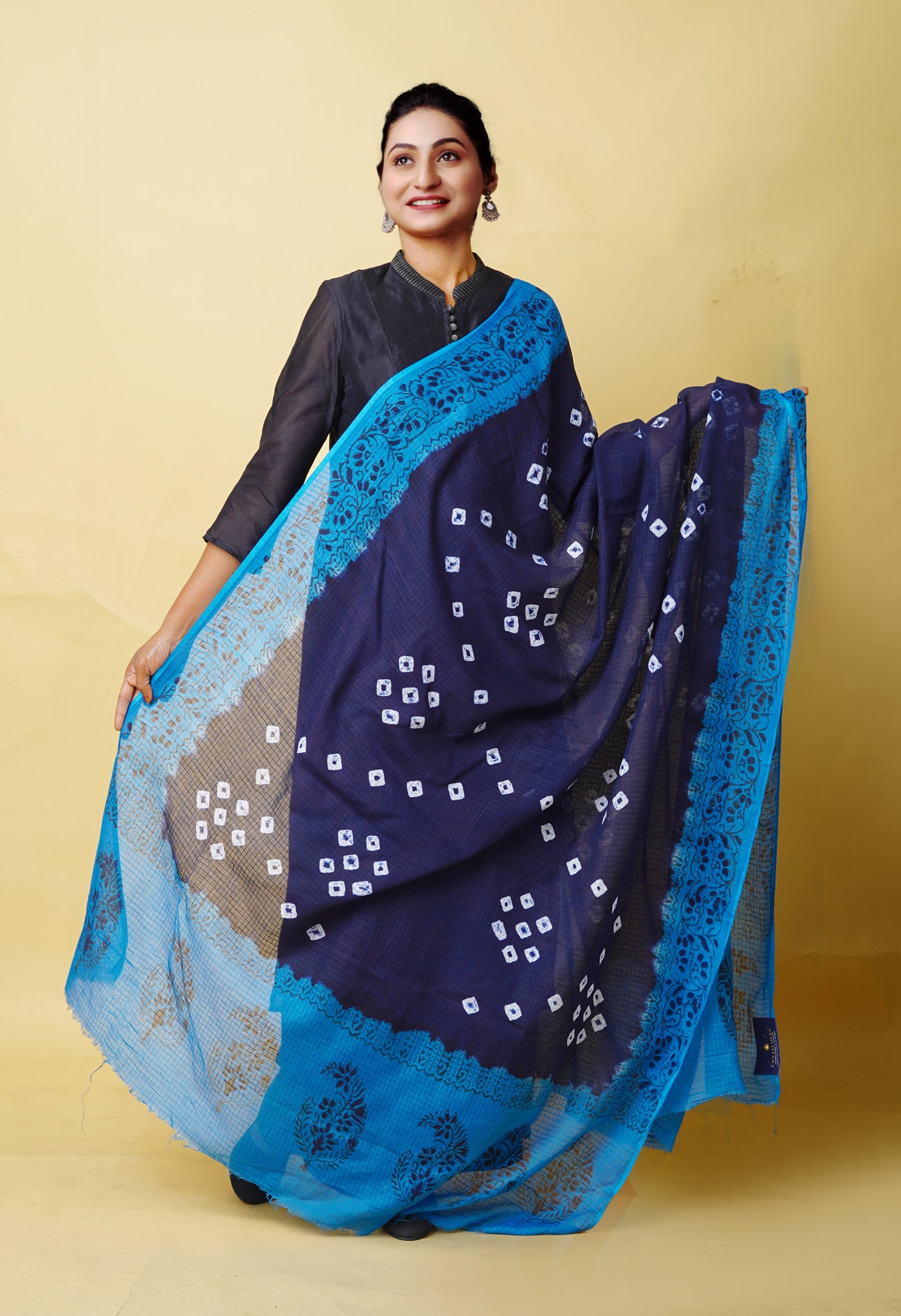 Navy Blue-Blue Pure Bandhani Block Printed Kota Dupatta-UDS5865