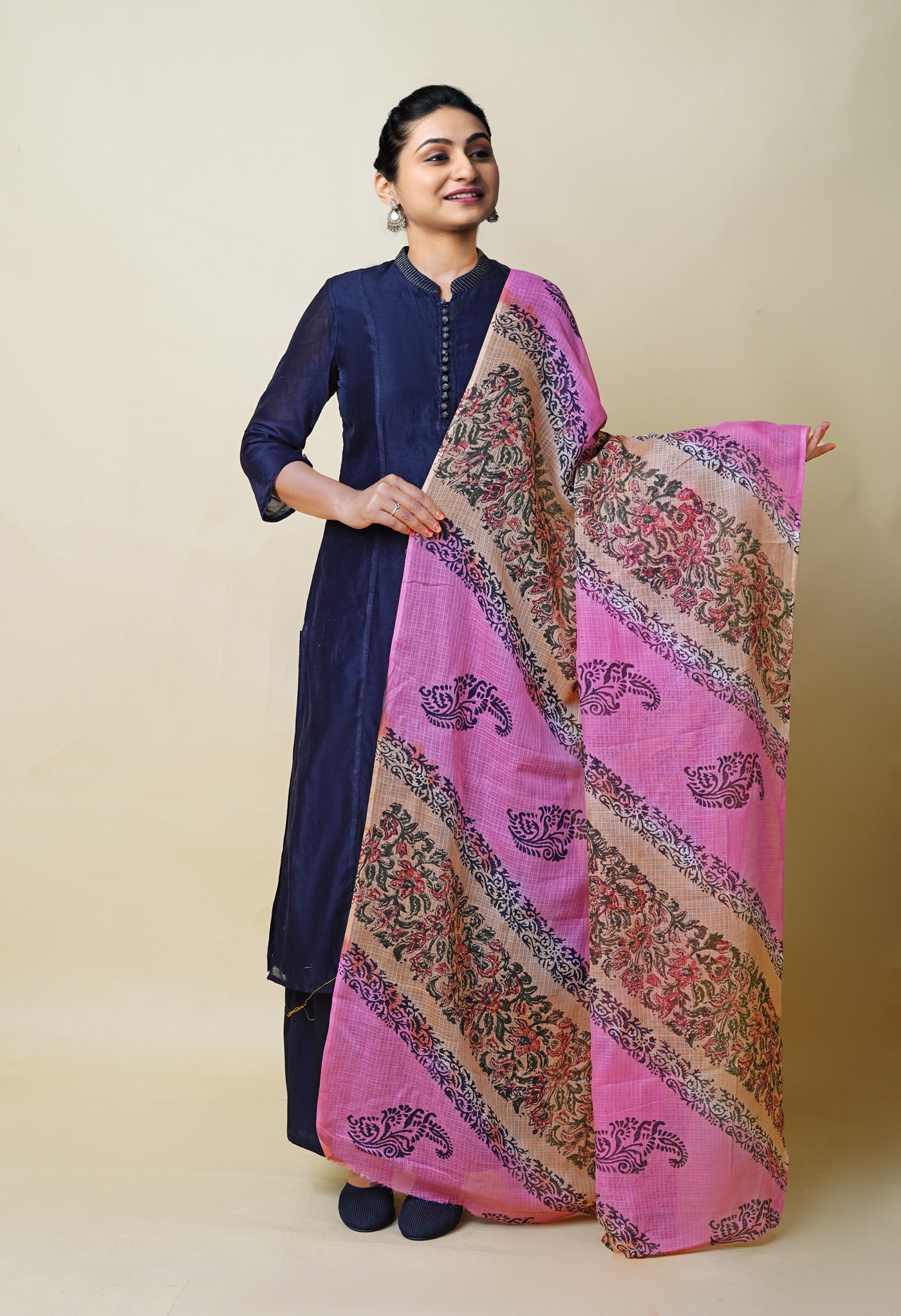 Pink-Brown Pure Block Printed Kota Dupatta-UDS5877