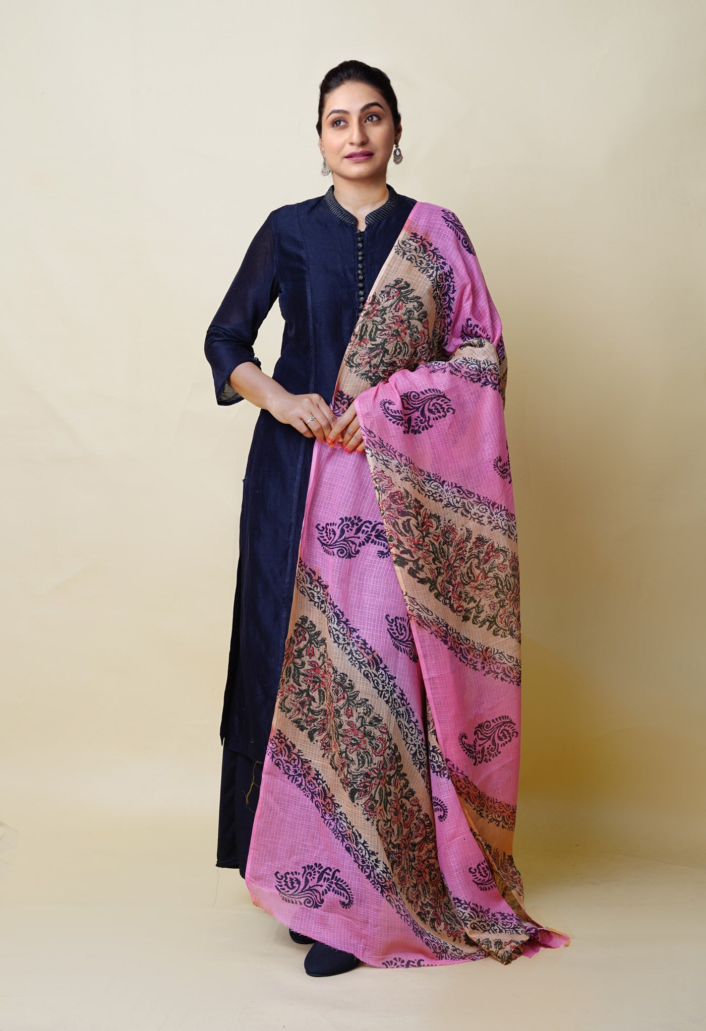 Pink-Brown Pure Block Printed Kota Dupatta-UDS5877