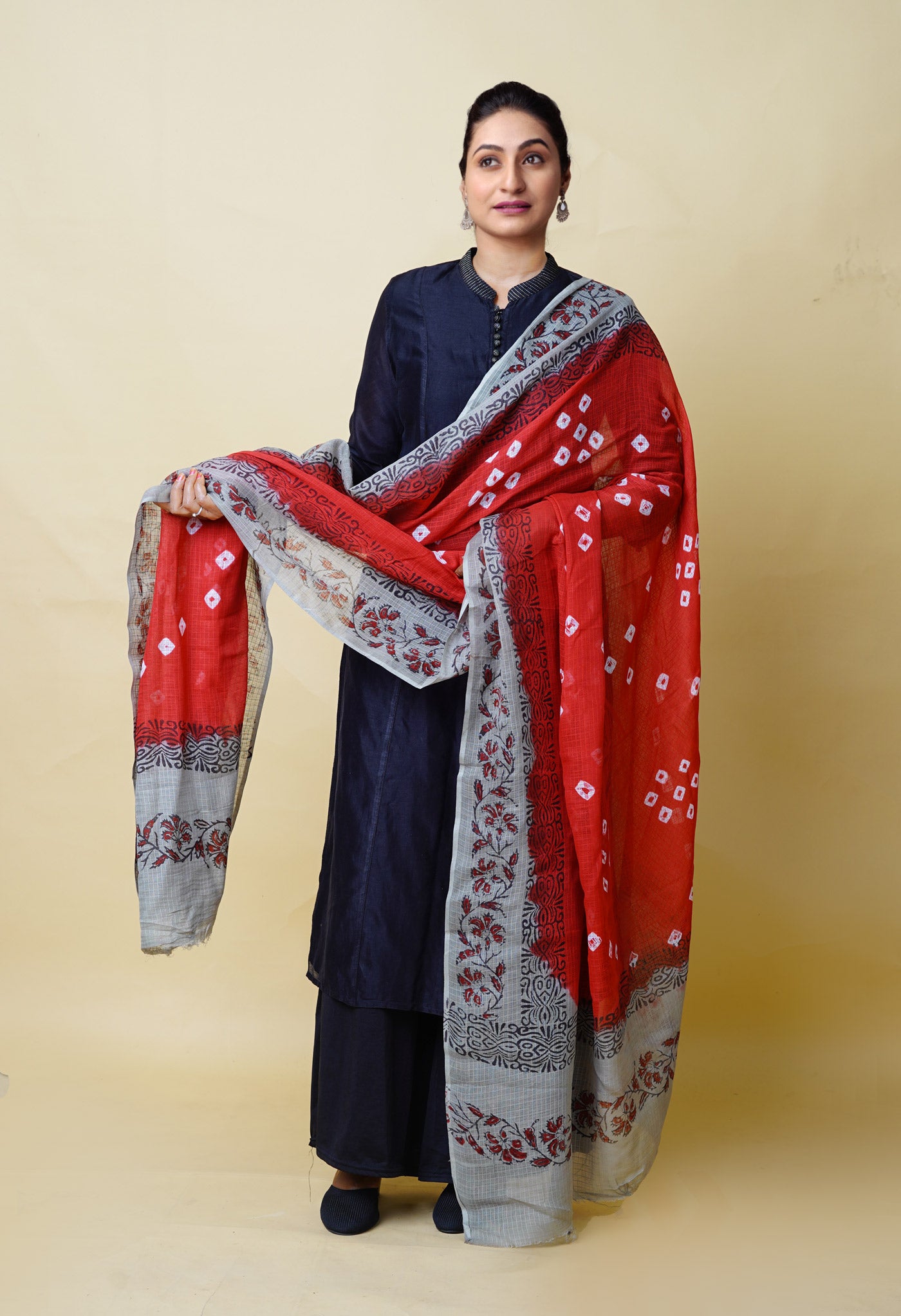 Red-Grey Pure Bandhani Block Printed Kota Dupatta-UDS5879
