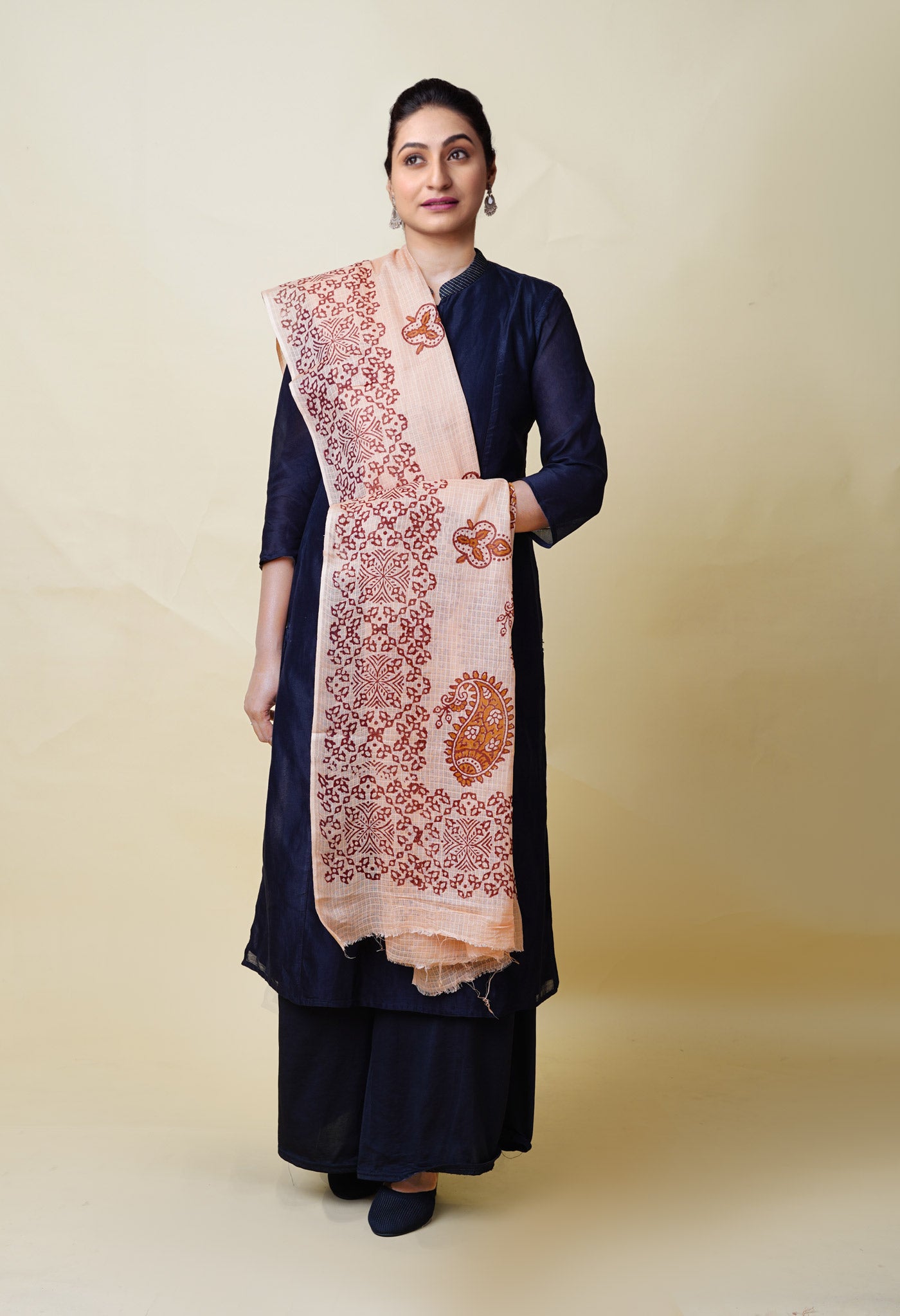 Cream Pure Block Printed Kota Dupatta-UDS5880