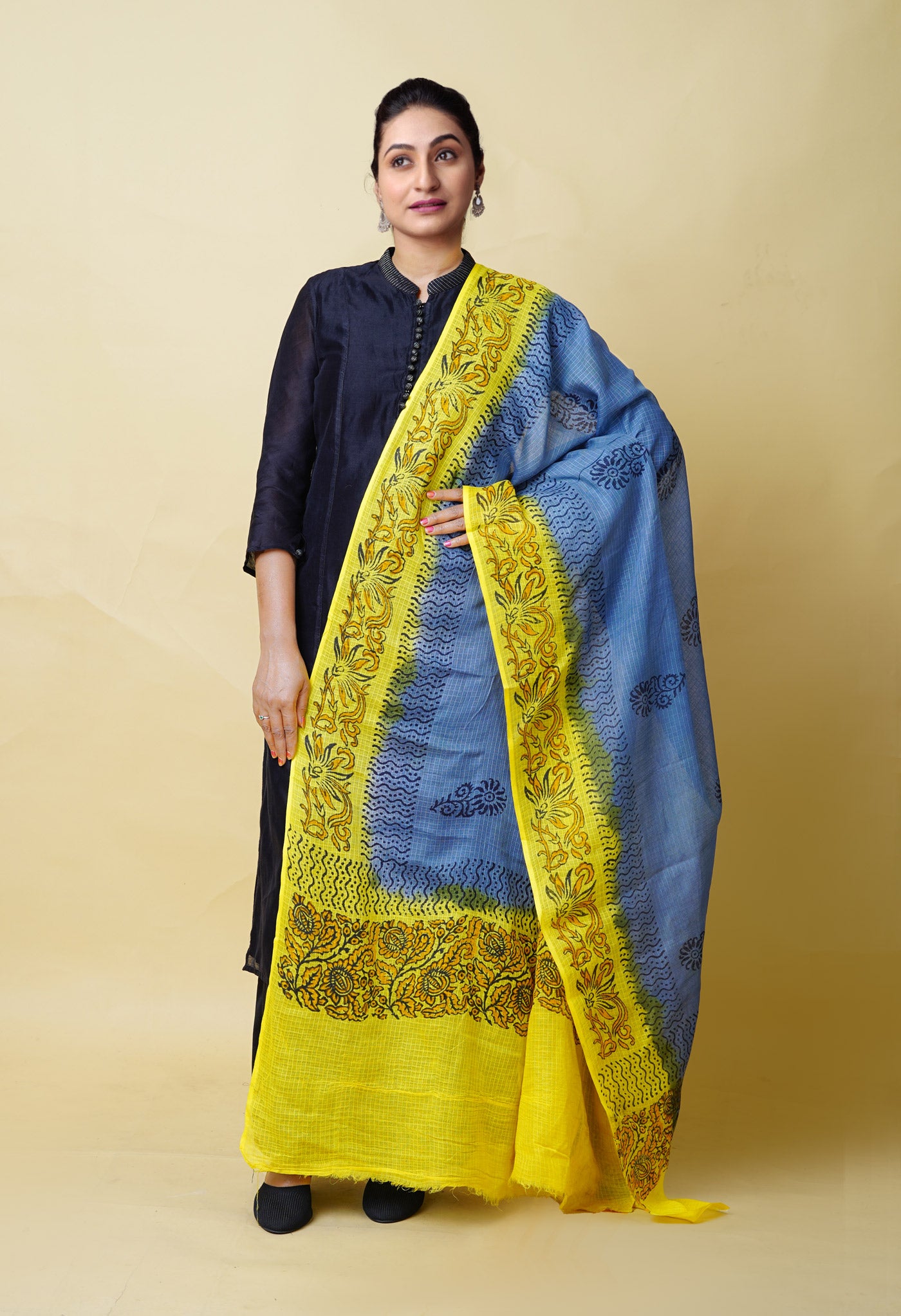 Grey-Yellow Pure Block Printed Kota Dupatta-UDS5881