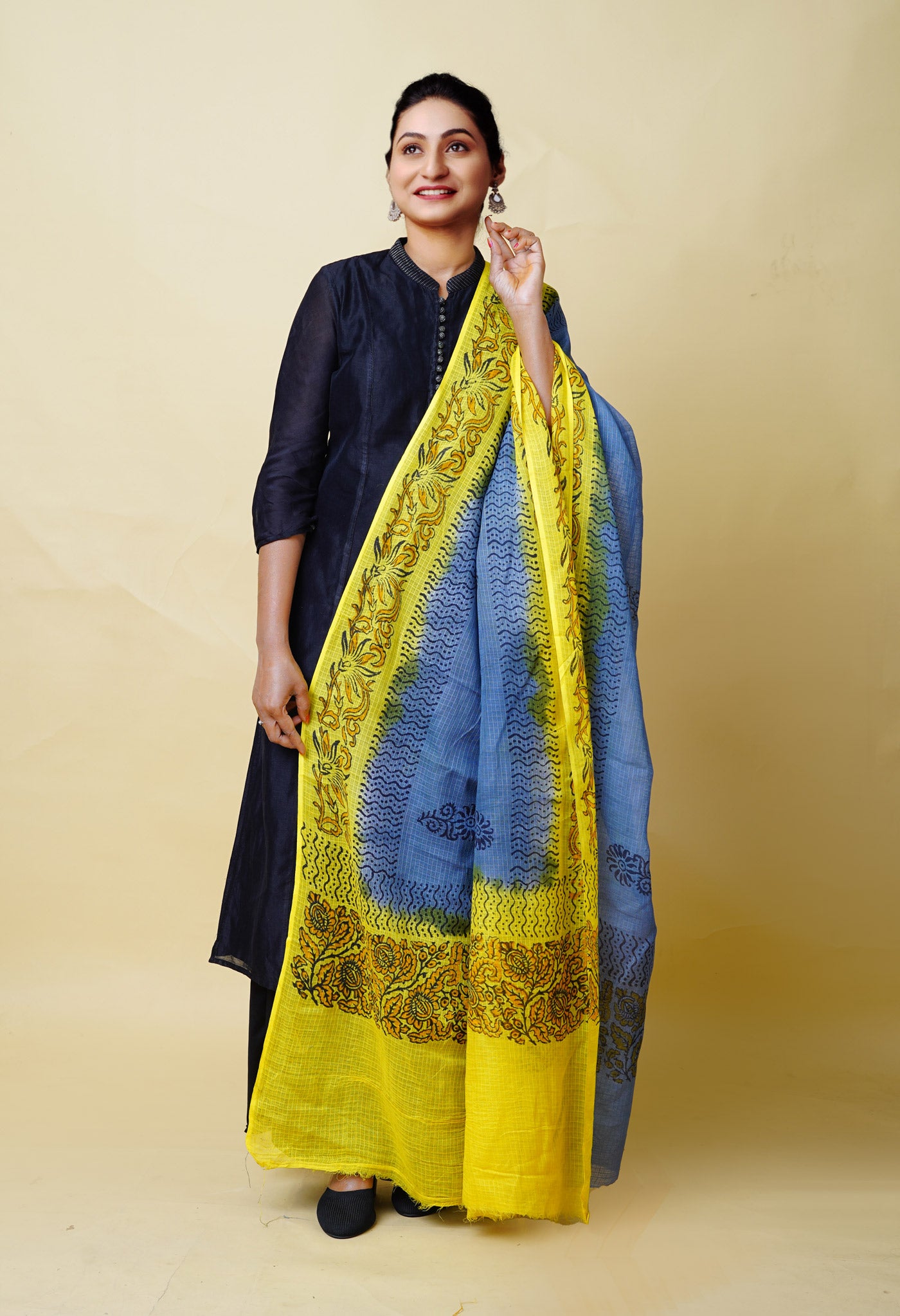 Grey-Yellow Pure Block Printed Kota Dupatta-UDS5881