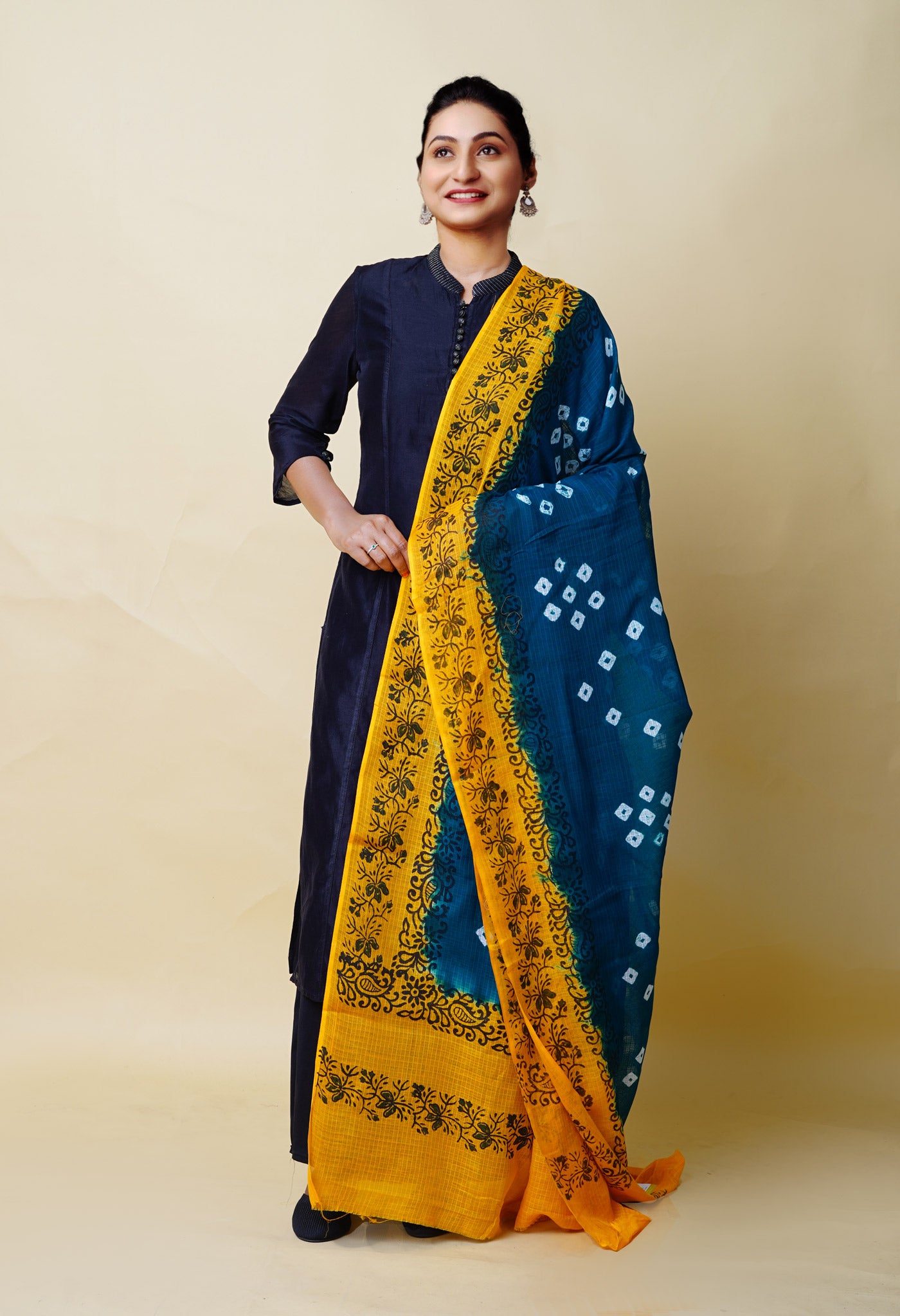 Green-Yellow Pure Bandhani Block Printed Kota Dupatta-UDS5882