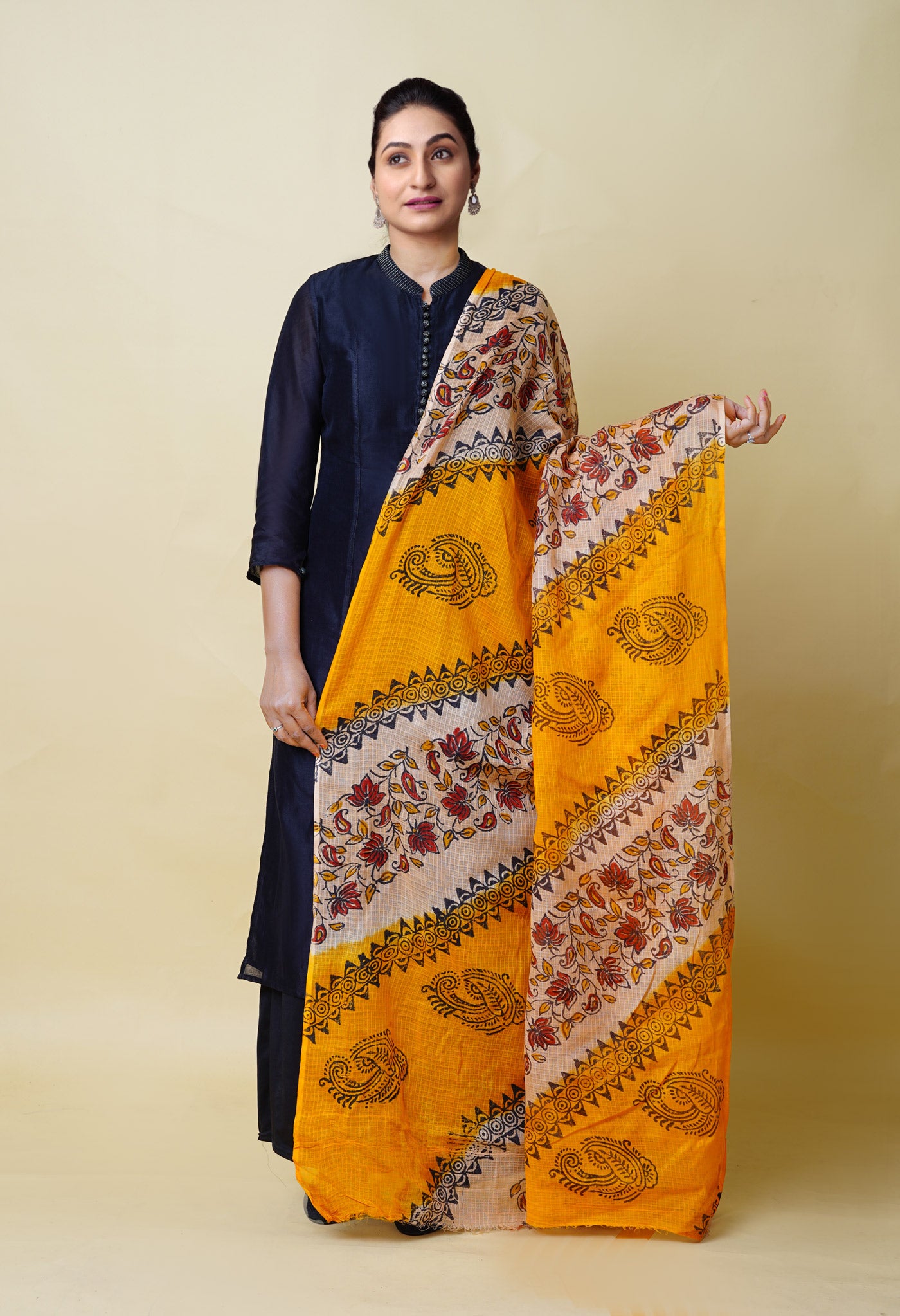 Yellow-Cream Pure Block Printed Kota Dupatta-UDS5885