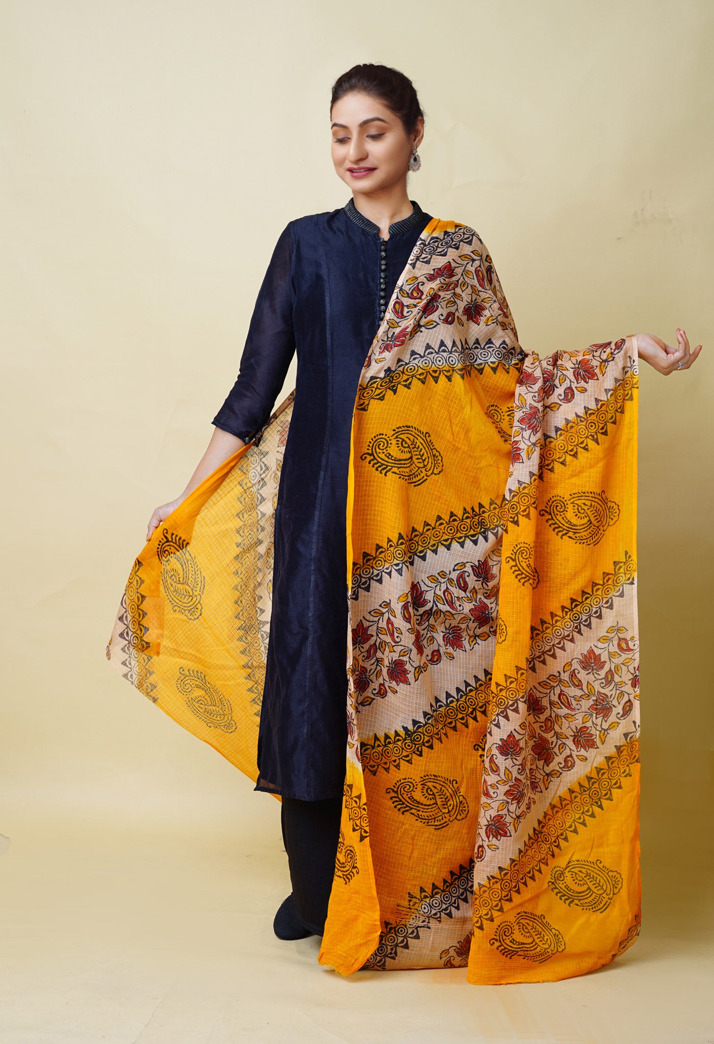 Yellow-Cream Pure Block Printed Kota Dupatta-UDS5885