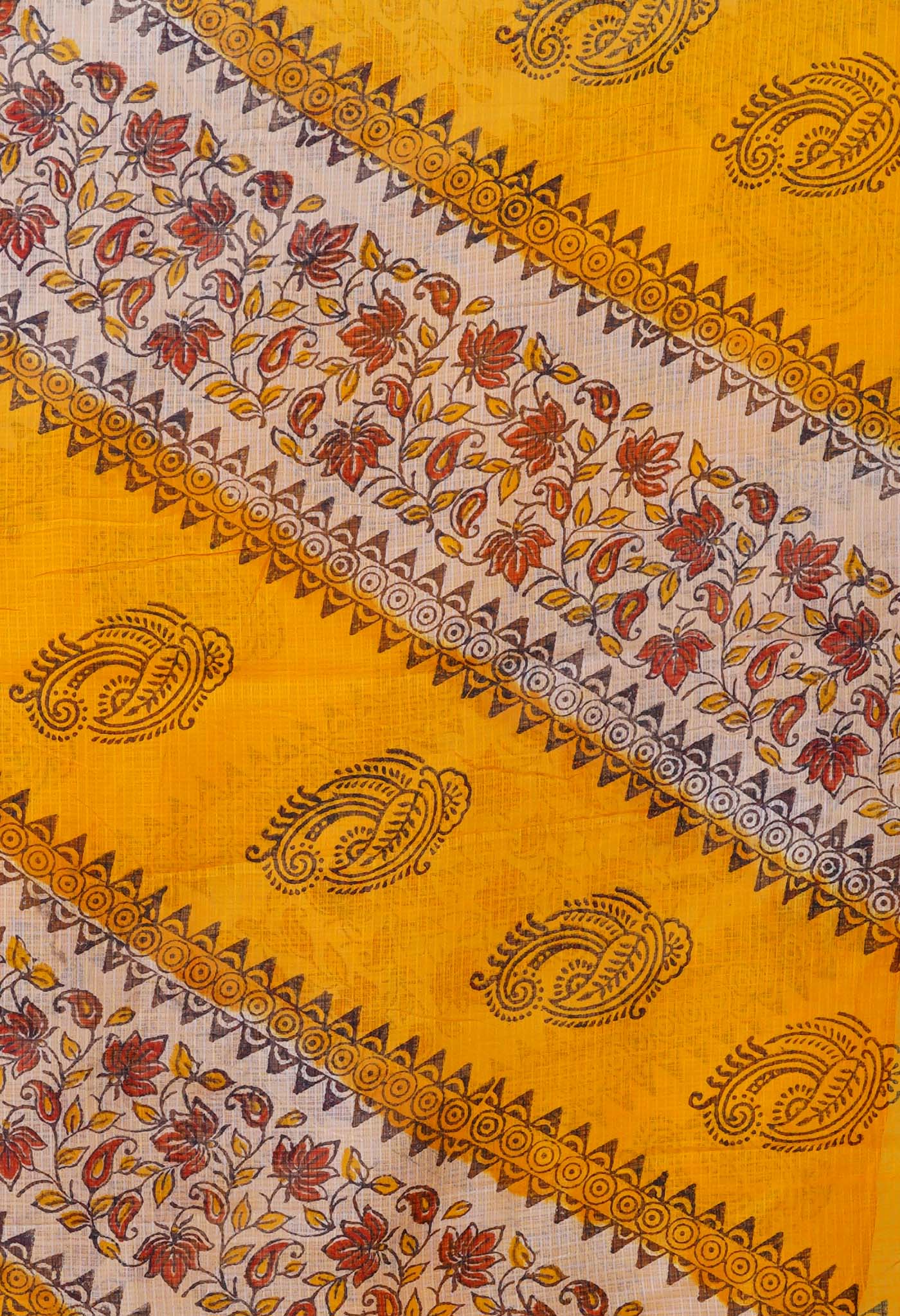 Yellow-Cream Pure Block Printed Kota Dupatta-UDS5885