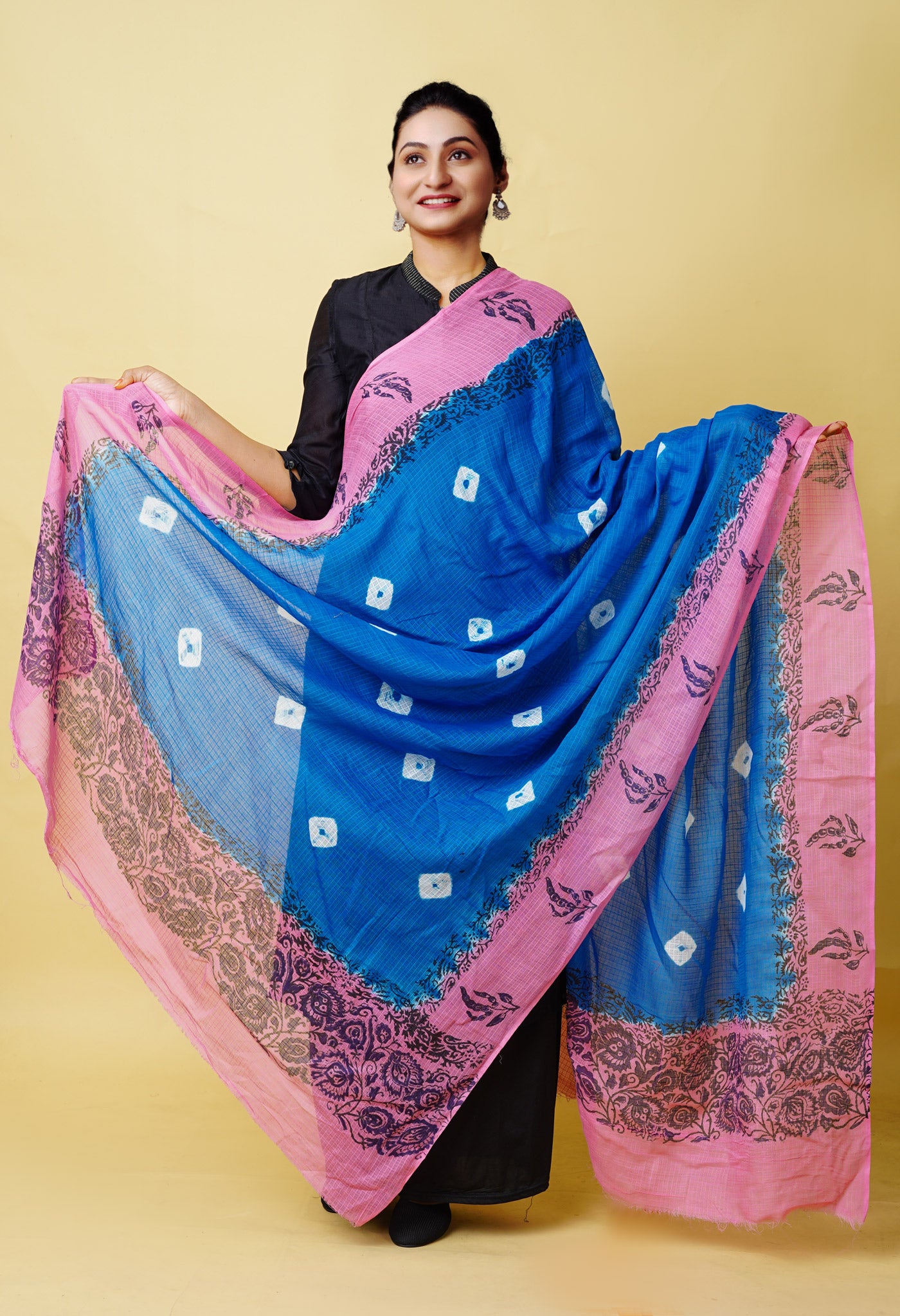 Blue-Pink Pure Bandhani Block Printed Kota Dupatta-UDS5886