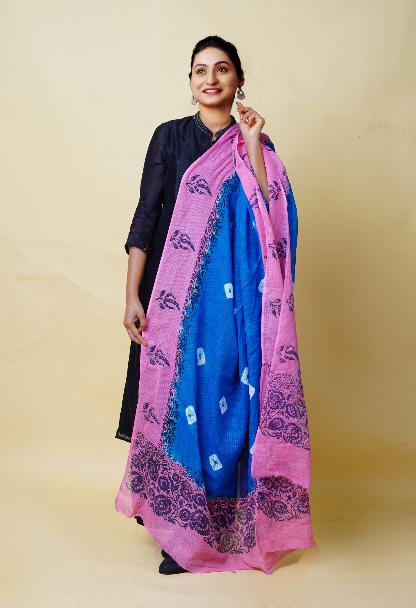 Blue-Pink Pure Bandhani Block Printed Kota Dupatta-UDS5886