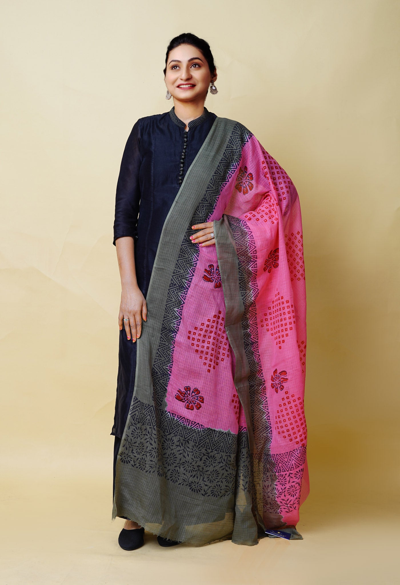 Pink-Grey Pure Block Printed Kota Dupatta-UDS5887